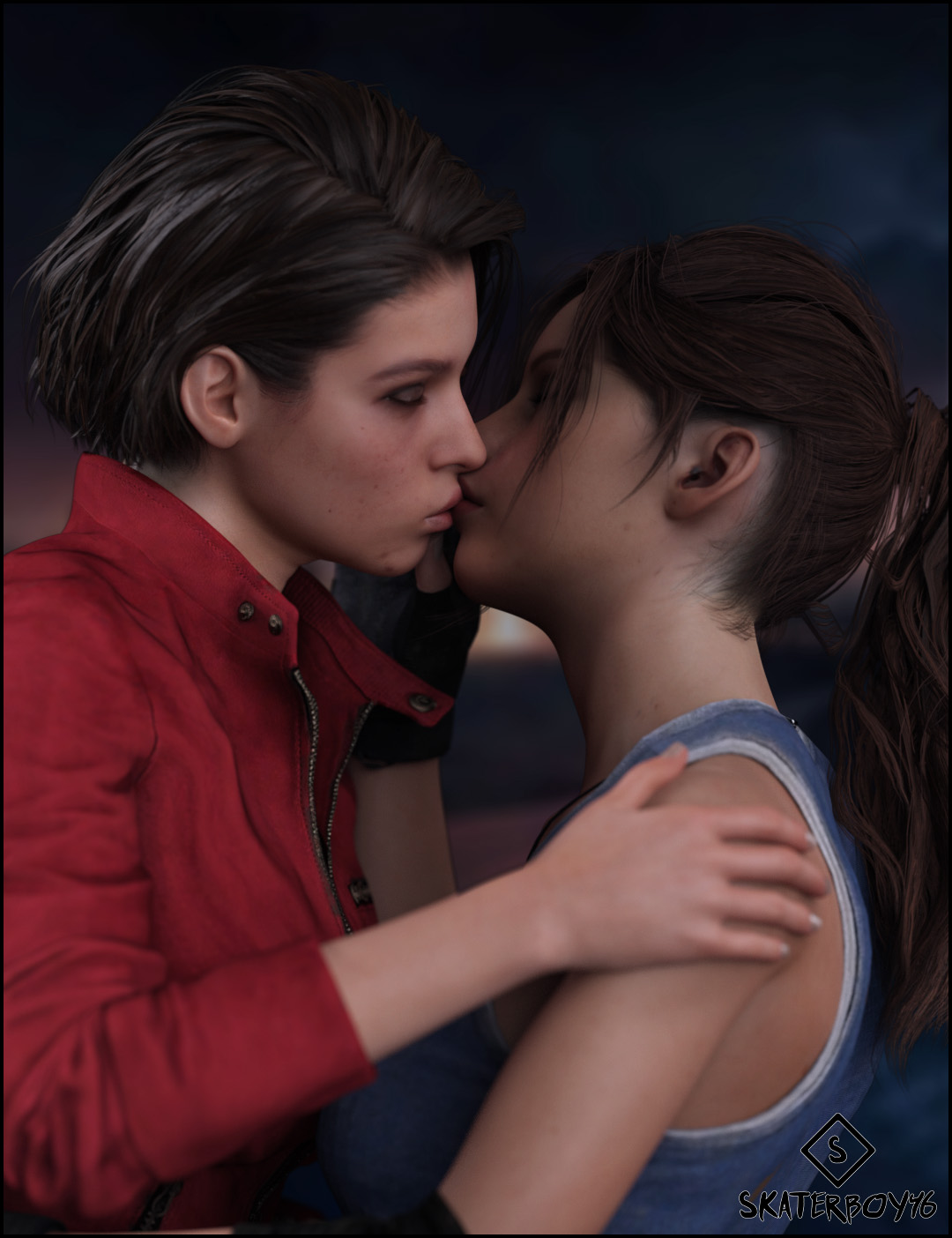 2girls, 3d, 3d (artwork), brown hair, capcom, claire redfield, female, female only, female/female, jill valentine, jill valentine (sasha zotova), kissing, resident evil, resident evil 2, resident evil 2 remake, resident evil 3, resident evil 3 remake, skaterboy46, yuri
