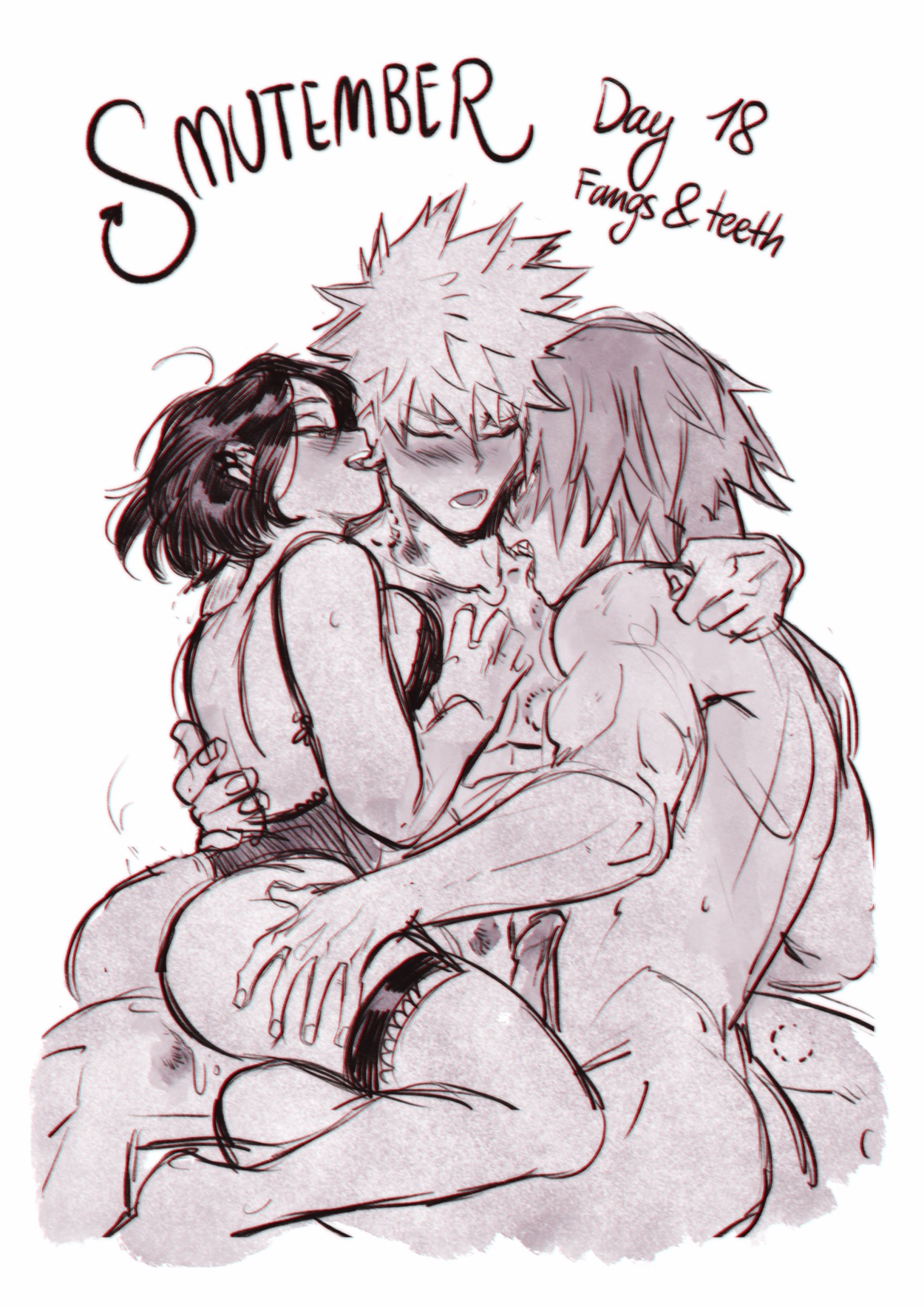 1girls, 2boys, ass, bisexual, bisexual male, blush, eijirou kirishima, english text, erinclover, female, gay, gay male, hands on ass, highres, katsuki bakugou, lingerie, male, my hero academia, original character, pixie (erinclover), short hair, spiky hair, threesome, yaoi