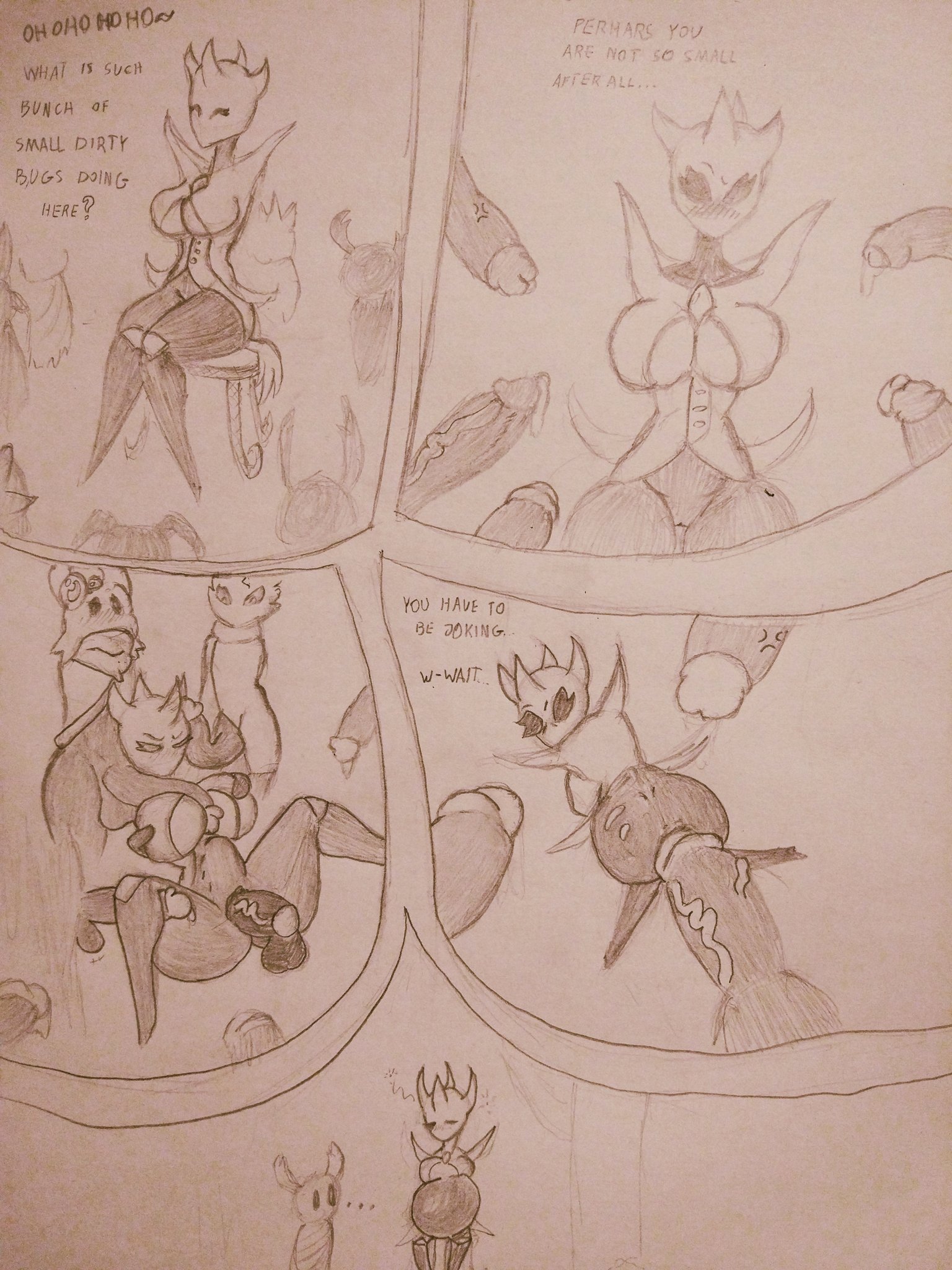 big belly, big breasts, breasts, cleavage cutout, emilitia, gangbang, hollow knight, huge cock, hyper, hyper penis, inflation, male, multiple boys, multiple males, penis, piekiller5, tagme, team cherry, text, the knight (hollow knight), underboob, veiny penis