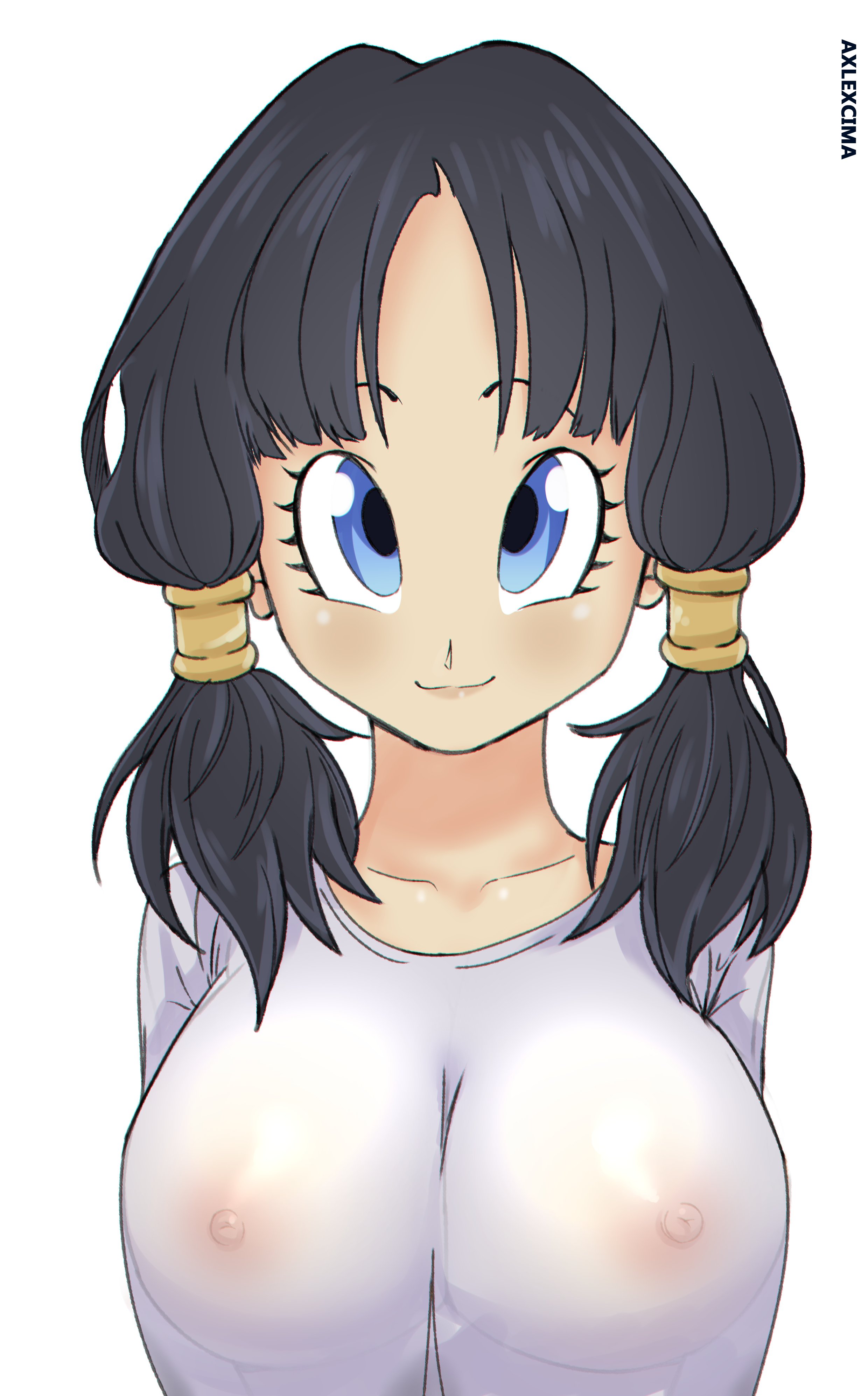 1girls, absurdres, areolae, axlexcima, big breasts, breasts, dragon ball, dragon ball z, female, female only, highres, large breasts, looking at viewer, nipples, see-through, see-through clothing, solo, twintails, videl