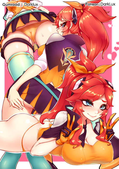 ass ass_grab battle_academia_lux battle_academia_series blue_eyes blush breasts darklux double_v large_breasts league_of_legends luxanna_crownguard no_pants on_stomach panties red_hair riot_games skirt_removed thong upskirt vibrator vibrator_in_thighhighs vibrator_under_panties yellow_panties