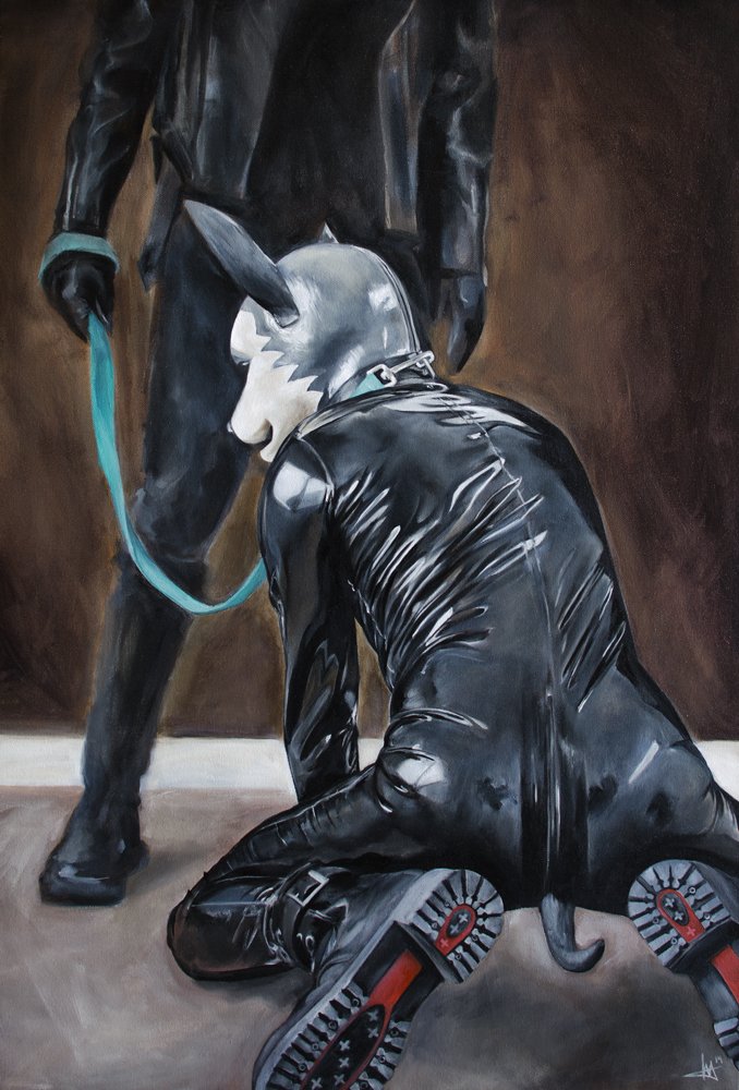 2014 ambiguous/ambiguous ambiguous_form ambiguous_gender ambiguous_species animal_mask bondage boots clothed clothing collar deusexmoose duo footwear leash mask oil_painting_(artwork) painting_(artwork) petplay photorealism plantigrade pup_mask puppyplay roleplay rubber rubber_suit traditional_media_(artwork)