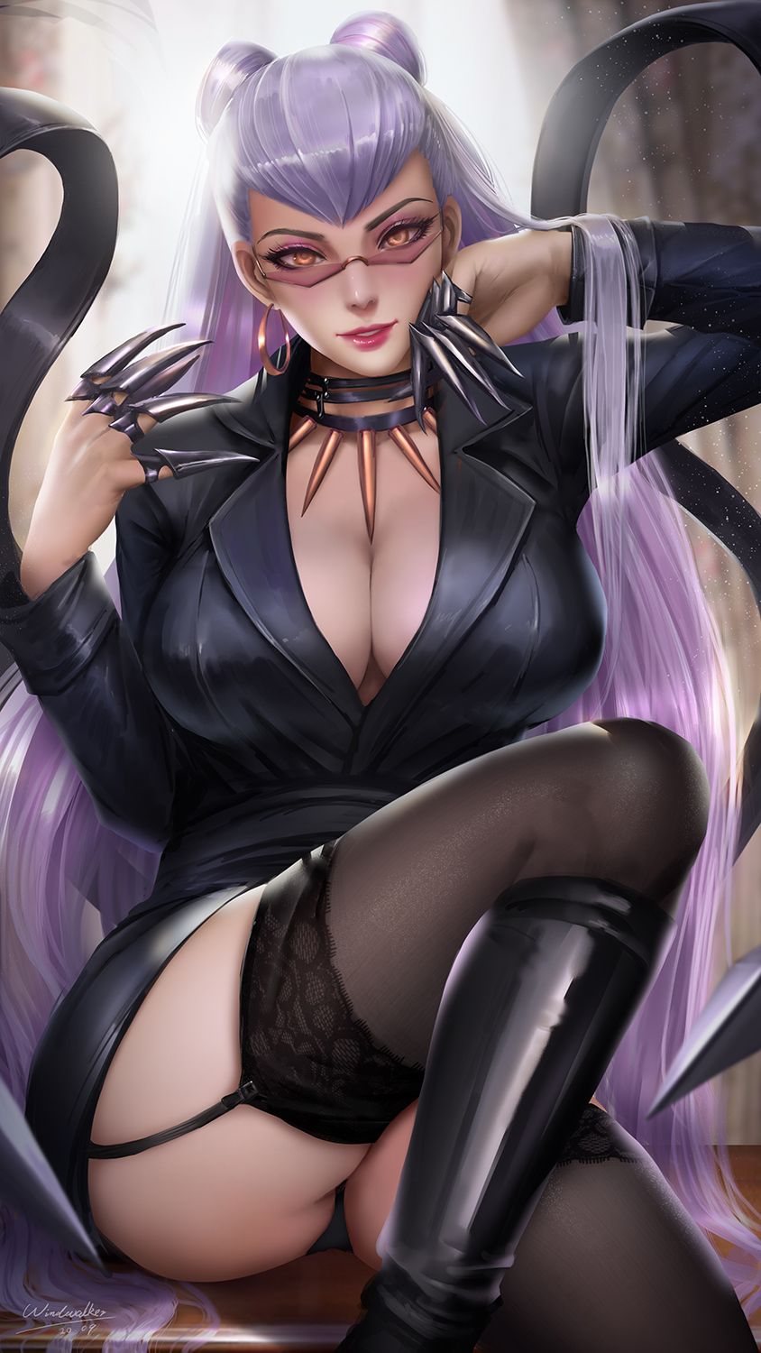 1girls ass big_breasts black_boots boots breasts cleavage earrings evelynn eyeshadow female female_only garter_straps hoop_earrings jewelry k/da_all_out_series large_breasts league_of_legends long_hair looking_at_viewer looking_over_eyewear looking_over_glasses purple-tinted_eyewear purple_hair smile solo sunglasses the_baddest_evelynn thighhighs thighs tinted_eyewear windwalker