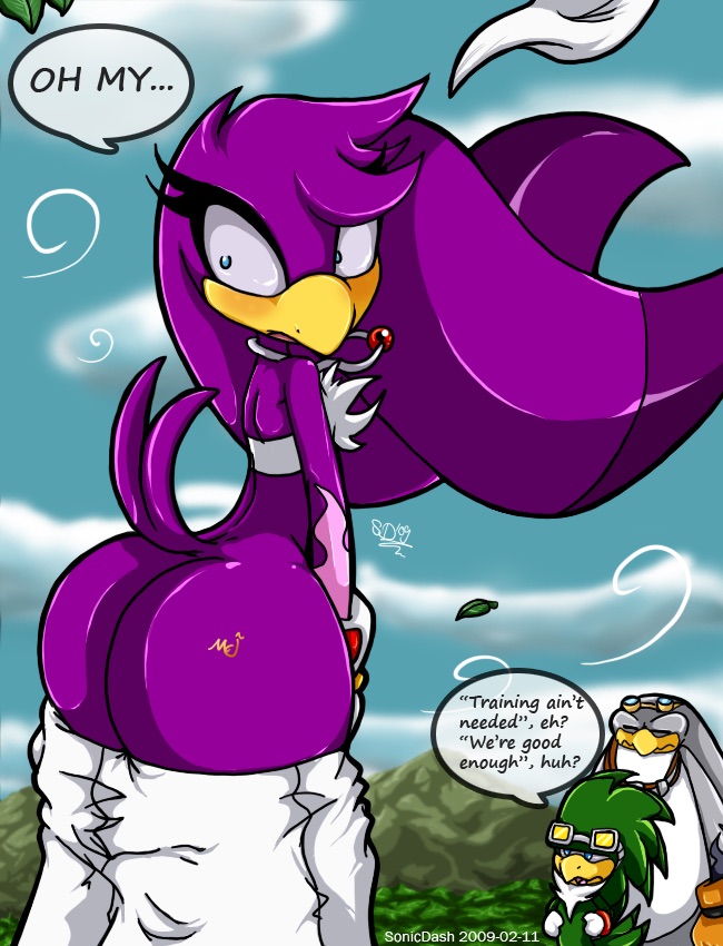 1girls 2009 2boys anthro ass ass_focus ass_out bare_ass big_ass big_butt bimbo bird bottomless bubble_ass bubble_butt butt butt_crack butt_focus dat_ass embarrassed jet_the_hawk pants_down purple_fur sega sonic_(series) sonicdash storm_the_albatross tail thick_ass wardrobe_malfunction wave_the_swallow