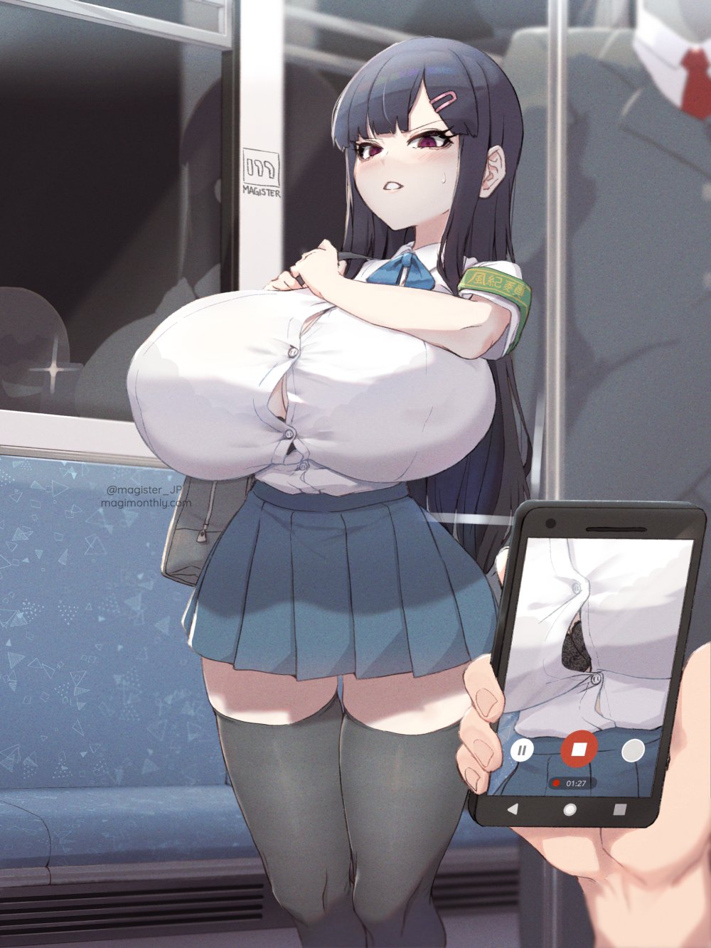 big breasts, blush, bra, breasts, button gap, curvy, dark hair, female, gyaru, huge breasts, light skin, light-skinned female, magister (bigbakunyuu), miniskirt, pale skin, pale-skinned female, phone, pleated skirt, recording, red eyes, school uniform, schoolgirl, short skirt, skirt, sweatdrop, thick thighs, thighhighs, tomboy, train, train interior, unbothered