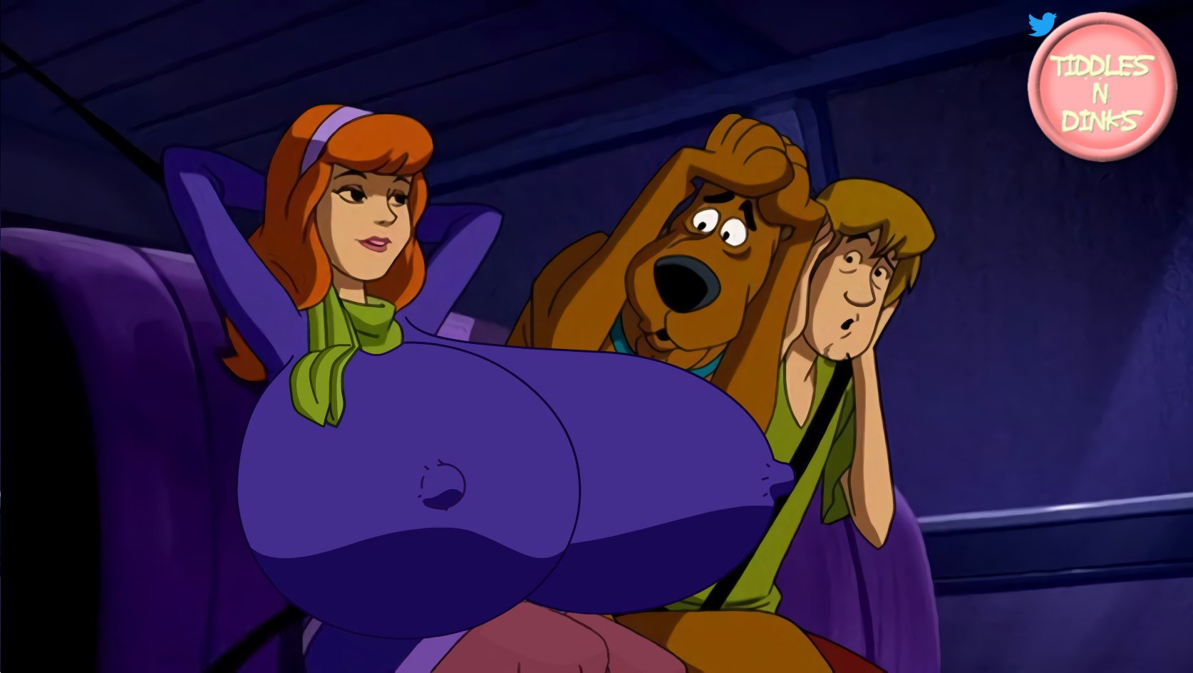 accurate art style, breasts, canid, canine, canis, clothed female, daphne blake, domestic dog, edit, erect nipples, erect nipples under clothes, female, feral, hands behind head, hanna-barbera, hyper breasts, male, nipple bulge, nipples, scooby-doo, scooby-doo (character), screenshot, screenshot edit, shaggy rogers, tiddlesndinks