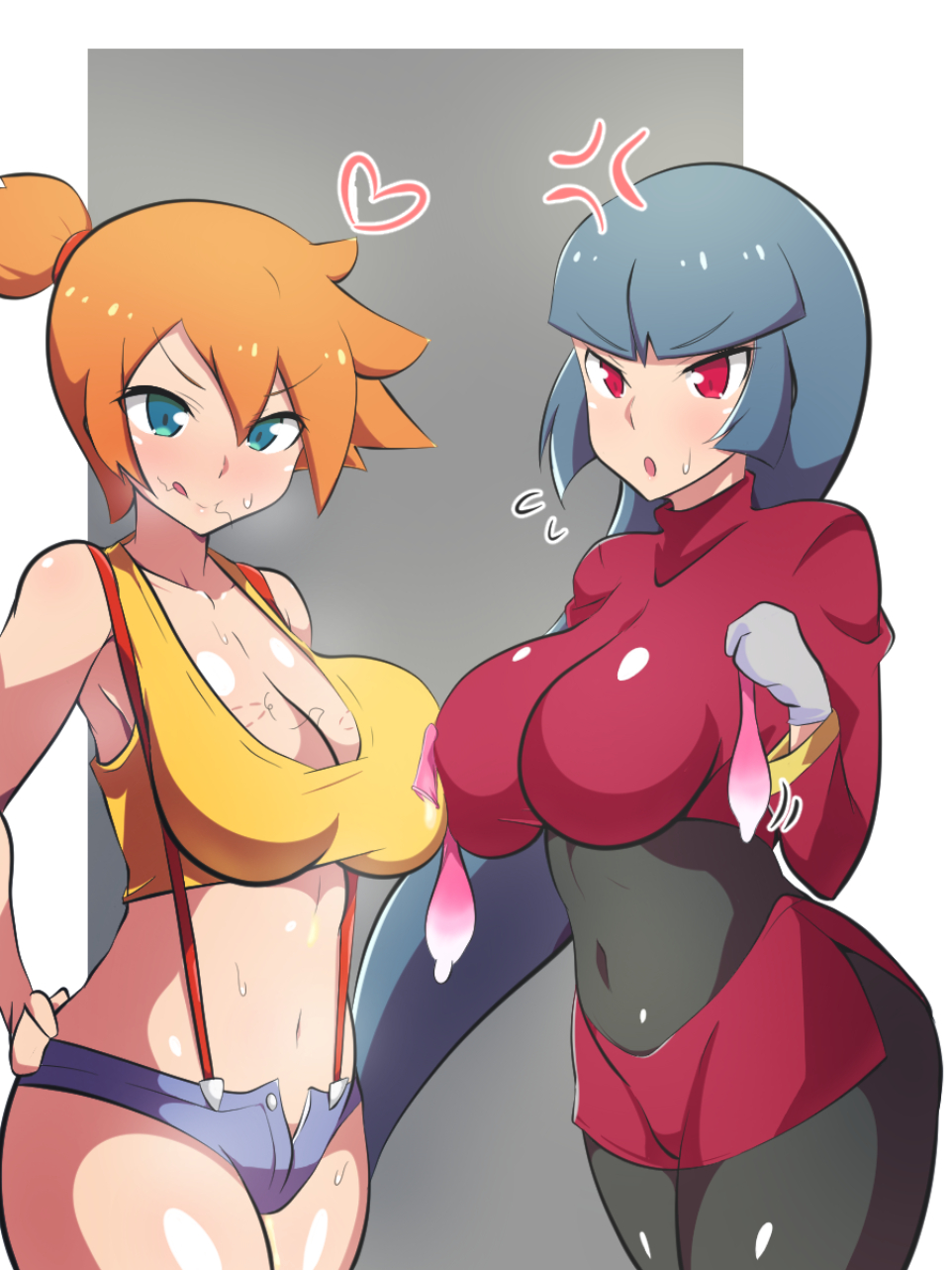 2girls, angry, big breasts, bite mark, blue eyes, blush, breasts, clothed, clothed female, clothing, condom, condom balloon, cum, cum in condom, dd (artist), eye contact, female, female only, filled condom, fully clothed, heart, kasumi (pokemon), light skin, light-skinned female, long hair, looking at viewer, minishorts, nintendo, pale skin, pale-skinned female, pokemon, pokemon rgby, pubic hair, pubic hair in mouth, pubic hair peek, red eyes, sabrina (pokemon frlg), sabrina (pokemon), shiny clothes, short hair, shorts, stray pubic hair, sweat, thick thighs, thighs, tight clothing, tsurime, used condom, used condoms