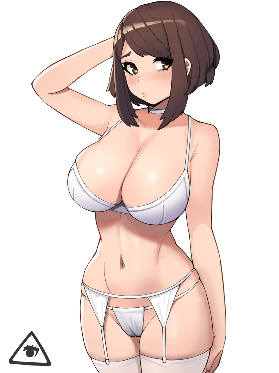 1girls, big breasts, blush, breasts, brown eyes, brown hair, brown-haired female, cute, donburikazoku, female, female only, garter belt, garter straps, lingerie, my hero academia, ochako uraraka, panties, short hair, solo