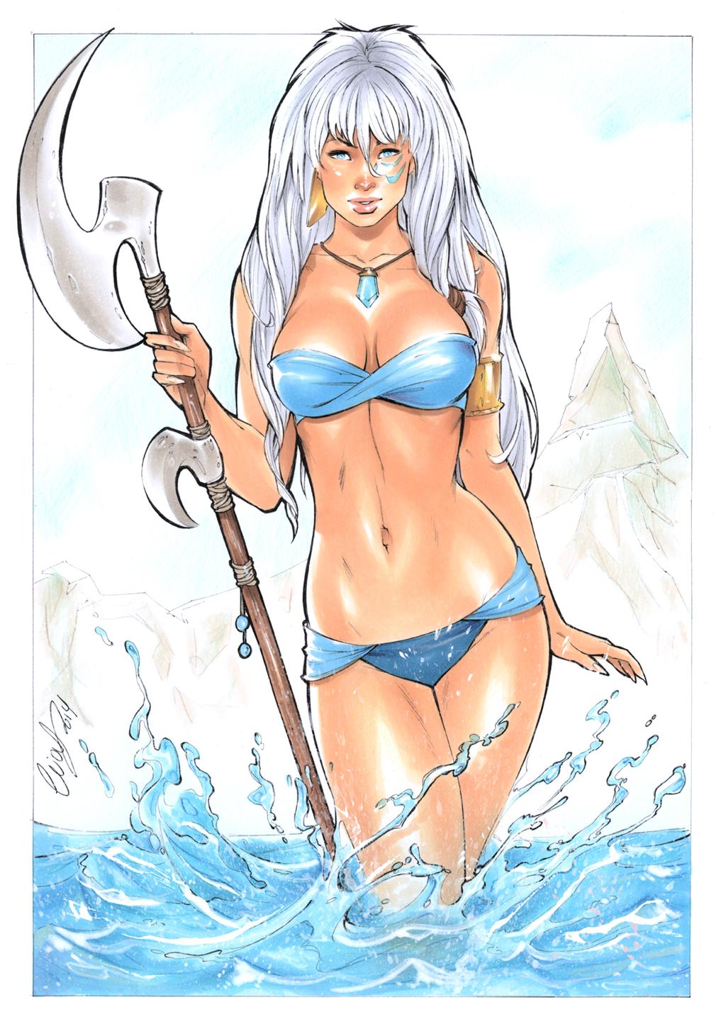 1girls armlet atlantean atlantis:_the_lost_empire belly blue_eyes cleavage dark-skinned_female disney elias_chatzoudis female female_only fit kida large_breasts long_hair looking_at_viewer navel necklace partially_submerged solo standing_in_water voluptuous water weapon white_hair