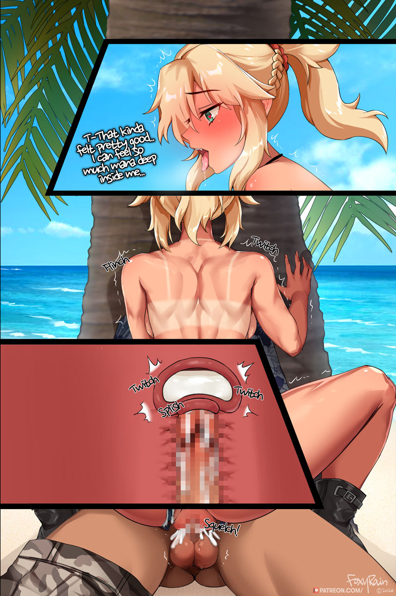 against_tree back backboob beach blonde_hair boots breasts censored cowgirl_position cum cum_in_pussy cum_in_uterus cum_inside cum_overflow english_text fang fate/apocrypha fate_(series) female filled foxy_rain_(foxyreine) foxyrain_(foxyreine) foxyreine green_eyes happy_female heart heart-shaped_pupils heart_eyes horny_female impregnation male mordred_(fate) mordred_(swimsuit_rider) palm_tree ponytail sex shagging short_hair sitting stealth_sex summer tan_markings tanline tanned tanned_skin text tomboy tongue tongue_out tree twitching vaginal_penetration water