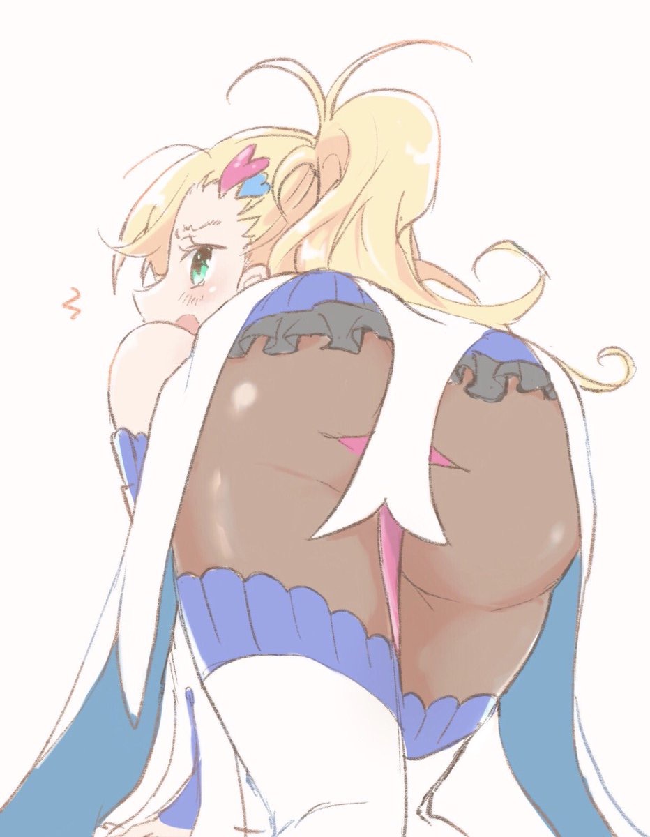 all fours, ass, asymmetrical hair, blonde hair, blush, dress, female, green eyes, hair ornament, high resolution, long hair, looking at viewer, looking back, minerva (re:zero), open mouth, owari last, pantyhose, ponytail, re:zero kara hajimeru isekai seikatsu, side ponytail, simple background, solo, tied hair, viewed from behind, white background