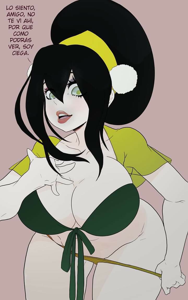 2020, aged up, avatar the last airbender, big breasts, black hair, blind, bra, breasts, cleavage, clothing, curvy, female, female focus, female only, green eyes, large breasts, lips, nickelodeon, noblood, pale skin, panties, pink background, spanish text, straight hair, text, thick thighs, thighs, toph bei fong, translated, undressing, voluptuous, wide hips