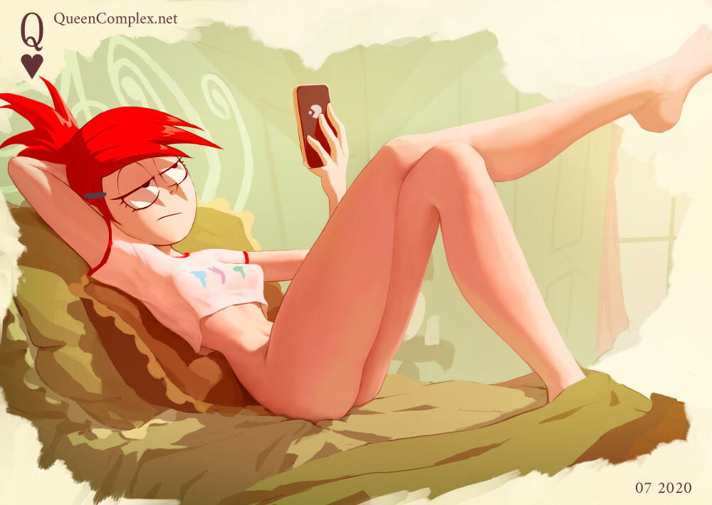 1girls, arm behind head, ass, black eyes, bottomless, cartoon network, cellphone, crop top, emotionless, eyes semi-closed, feet, female, female focus, female only, foster's home for imaginary friends, frankie foster, hair clip, lying, lying on bed, one leg up, phone, ponytail, queencomplex, red hair, redhead, smartphone