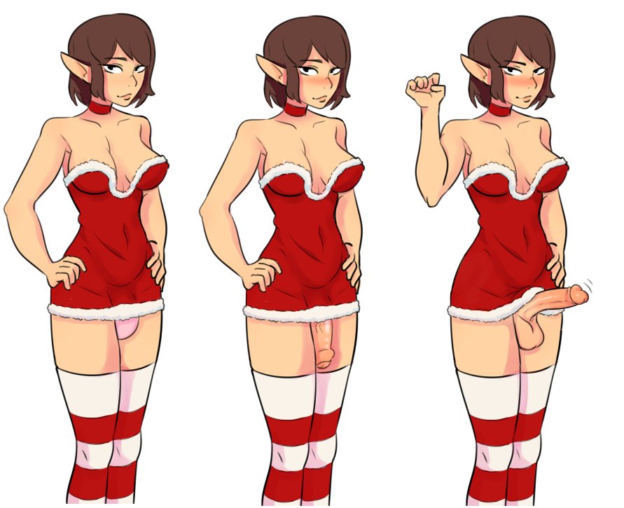 1futa big_breasts big_penis blush brown_hair choker clothed clothes clothing dress erection futa_only futanari hand_on_hip looking_at_viewer medium_hair minidress no_bra no_panties panties pink_panties pointy_ears red7cat santa_costume smile smiling_at_viewer solo solo_focus solo_futa stockings thighhighs undressing