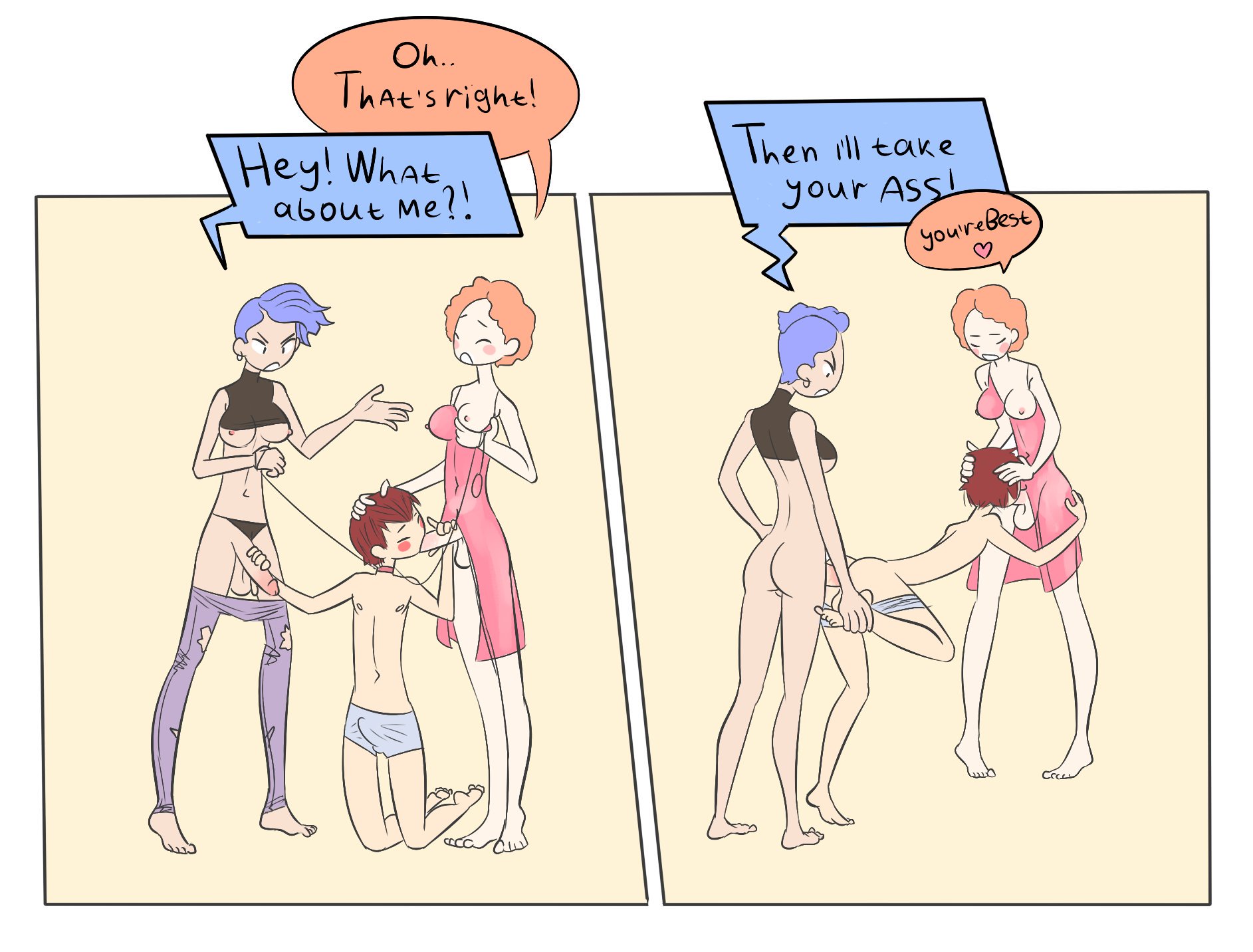 1boy, 2futas, anal, anal sex, angry, angry sex, ass, ass grab, balls, barefoot, big breasts, big dom small sub, big penis, black panties, blue hair, blush, breasts, breasts out, brown hair, bulge, closed eyes, clothed, collar, dark skin, dark-skinned female, deepthroat, dialogue, dickgirl, doggy style, double penetration, english text, erect nipples, erection, feet, fellatio, female, from behind, futa is bigger, futa on male, futadom, futanari, grabbing own breast, handjob, head grab, intersex, larger futa, leash, leash pull, leg grab, light skin, light-skinned female, light-skinned futa, male, male penetrated, male sucking futa, malesub, multiple doms, nipples, no bra, no panties, open mouth, oral, oral sex, orange hair, pale skin, pale-skinned female, pale-skinned futa, panties aside, panties down, panties only, pants down, partially clothed, partially clothed female, penis, red7cat, ripped clothing, ripped pants, rough sex, shirt, shirt lift, size difference, smaller male, speech bubble, spitroast, spread legs, standing, standing doggy style, standing on one leg, standing sex, straight, testicles, text, threesome, toes, underwear only