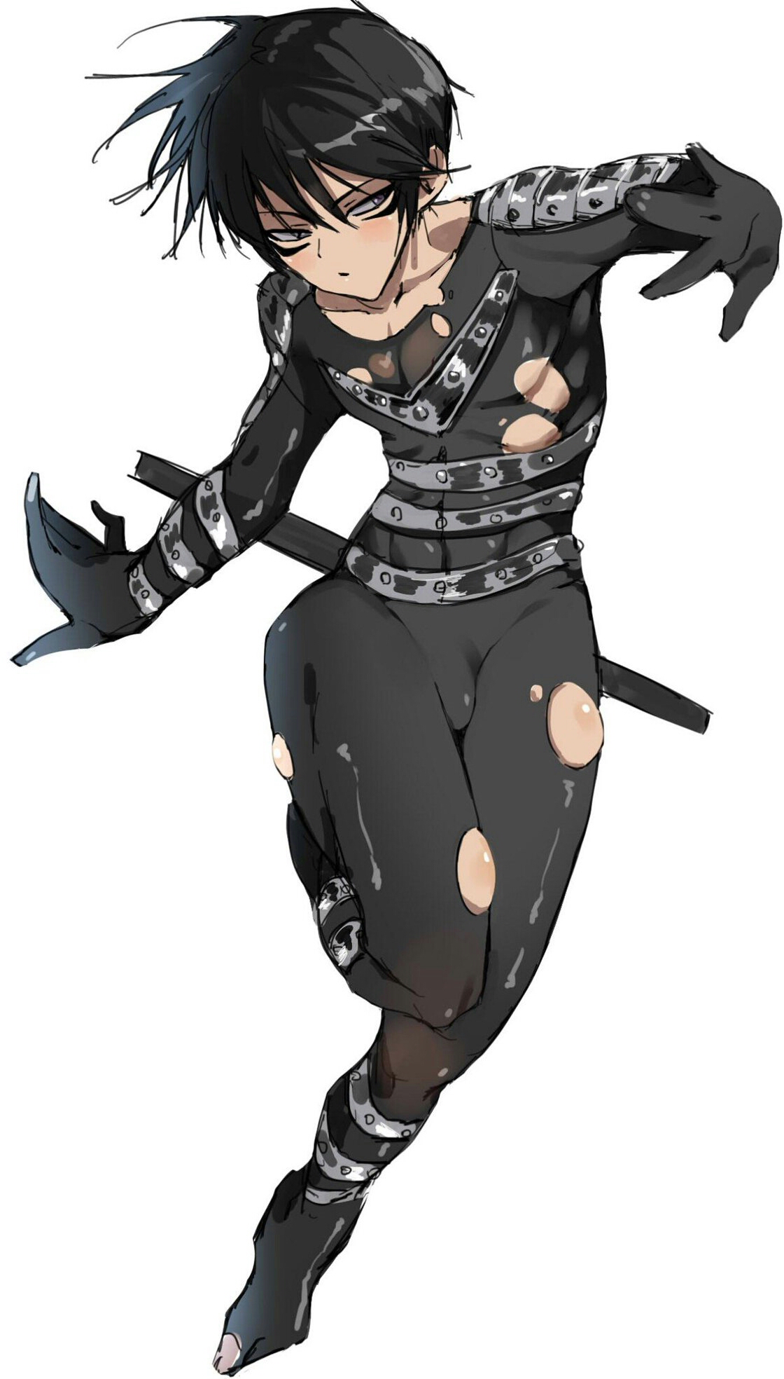 1boy, androgynous, artist request, black hair, bodysuit, bulge, femboy, male, male only, one-punch man, ripped clothing, solo, speed-o'-sound sonic, tagme, torn bodysuit