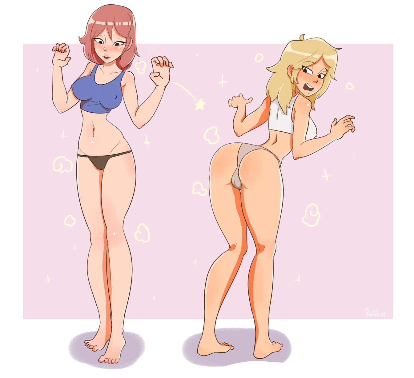 2girls, ass, big ass, blonde hair, blush, bra, breasts, embarrassed, erect nipples, female, female focus, futanari, hourglass figure, huge ass, intersex, looking at ass, looking at breasts, looking at self, medium hair, nipples, nipples visible through clothing, panties, red7cat, sports bra, surprised, thick thighs