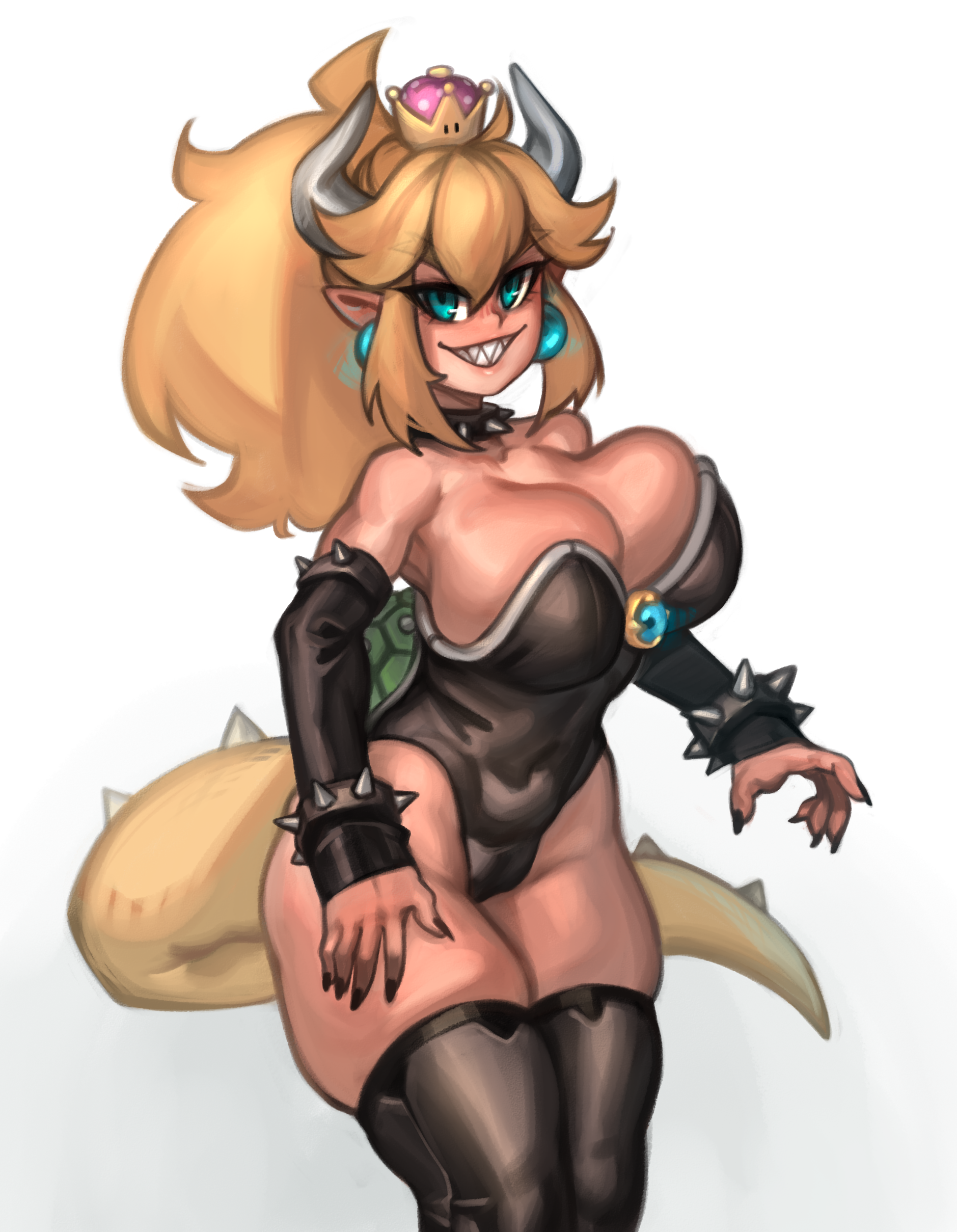 1girls, big breasts, blonde hair, blue eyes, bowsette, breasts, eye contact, female, female only, horns, kelvin hiu, large breasts, long hair, looking at viewer, mario (series), new super mario bros. u deluxe, nintendo, rule 63, sharp teeth, simple background, smile, solo, tail, thick thighs, thighhighs, thighs, white background