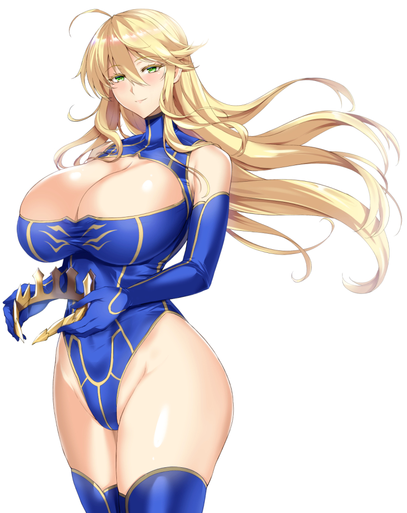 1girls ahoge artoria_pendragon artoria_pendragon_(lancer) bangs bare_shoulders big_breasts blonde_hair blue_gloves blue_legwear blue_leotard blush breasts cleavage closed_mouth crown crown_removed curvy elbow_gloves fate/grand_order fate_(series) female female_only gloves green_eyes hair_between_eyes highleg highleg_leotard huge_breasts kumakichi_(cost-lost) large_breasts leotard long_hair looking_at_viewer sidelocks simple_background smile swept_bangs thick_thighs thighhighs thighs voluptuous white_background wide_hips