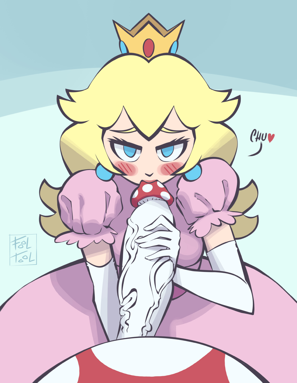1boy, 1girls, big penis, blonde hair, blowjob, blue eyes, crown, dick, dress, fellatio, female, female focus, fool tool, interspecies, kissing, light blue eyes, light skin, light-skinned female, male, mario (series), mushroom, mushroom humanoid, mushroom penis, nintendo, penis, pink dress, princess, princess peach, straight, super mario bros., toad (mario), unseen male face, yellow hair