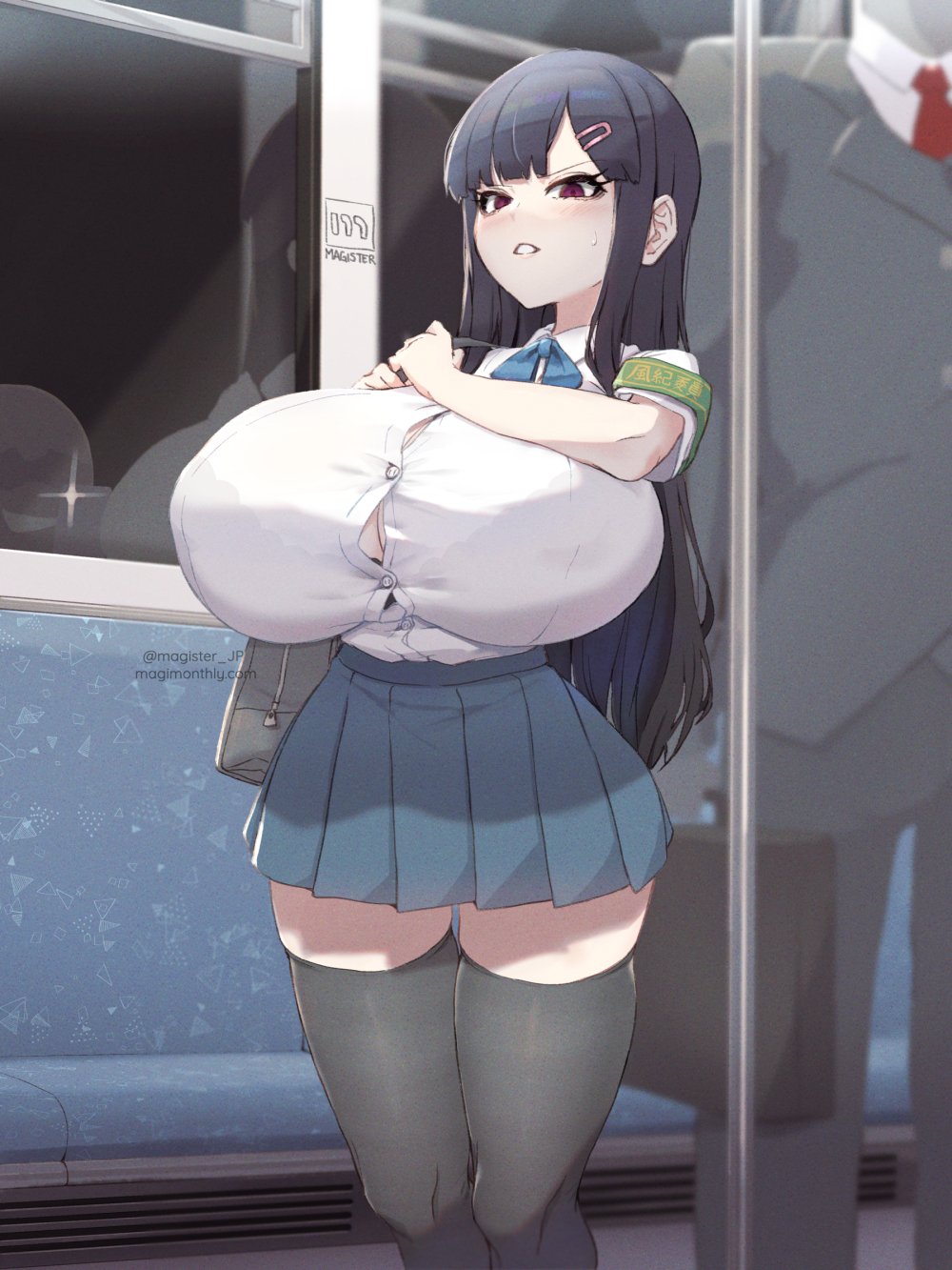 armband, big breasts, black hair, blush, breasts, brown eyes, button gap, cleavage, dark hair, female, huge breasts, long hair, magister (bigbakunyuu), school uniform, schoolgirl, thick thighs, thighhighs, train