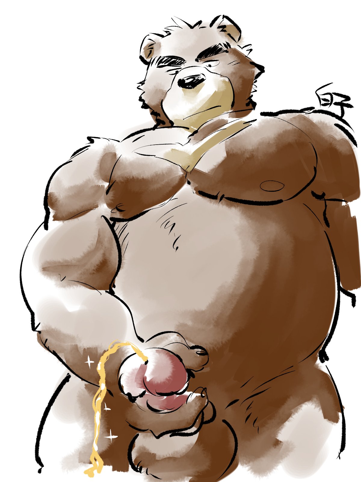 1boy 2020 41raco anthro balls belly bodily_fluids brown_body brown_fur fur genital_fluids genitals hi_res humanoid_hands juuichi_mikazuki kemono kirupi male male_only mammal moobs morenatsu nipples overweight overweight_anthro overweight_male peeing penis shirako simple_background solo urine ursid video_games visual_novel white_background