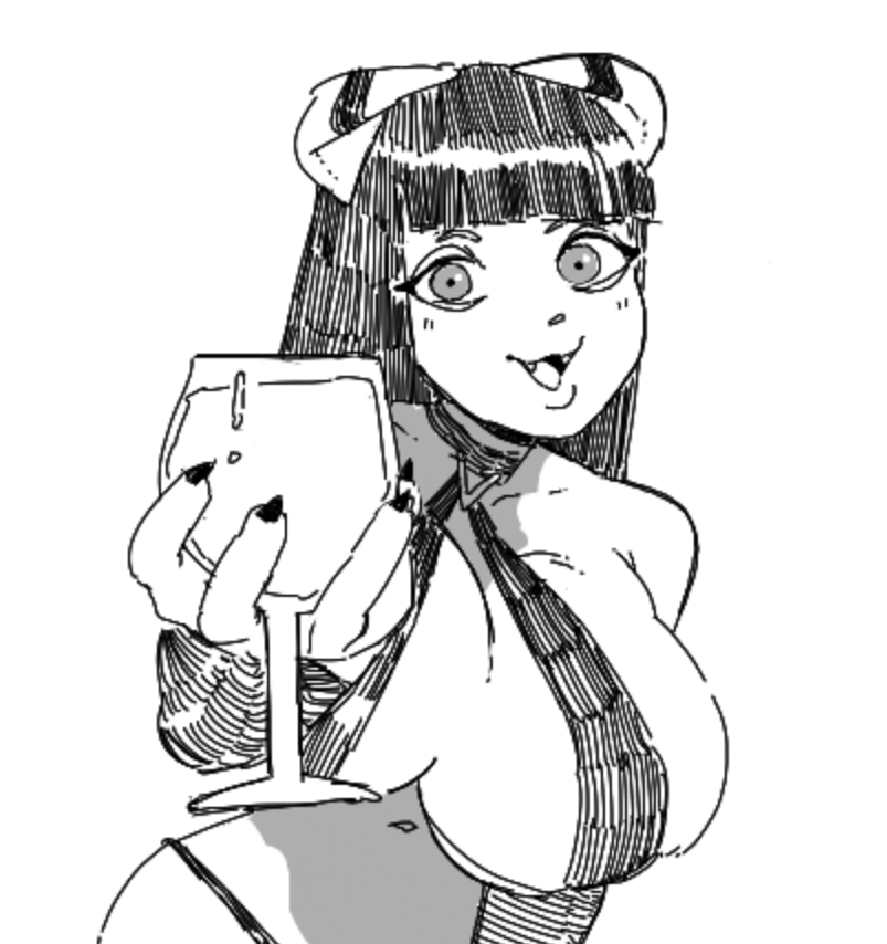 1girls black_hair breasts choker cleavage cum cum_chalice cum_in_glass demon demon_girl female horns huge_breasts large_breasts long_gloves panties phalia sketch solo_female