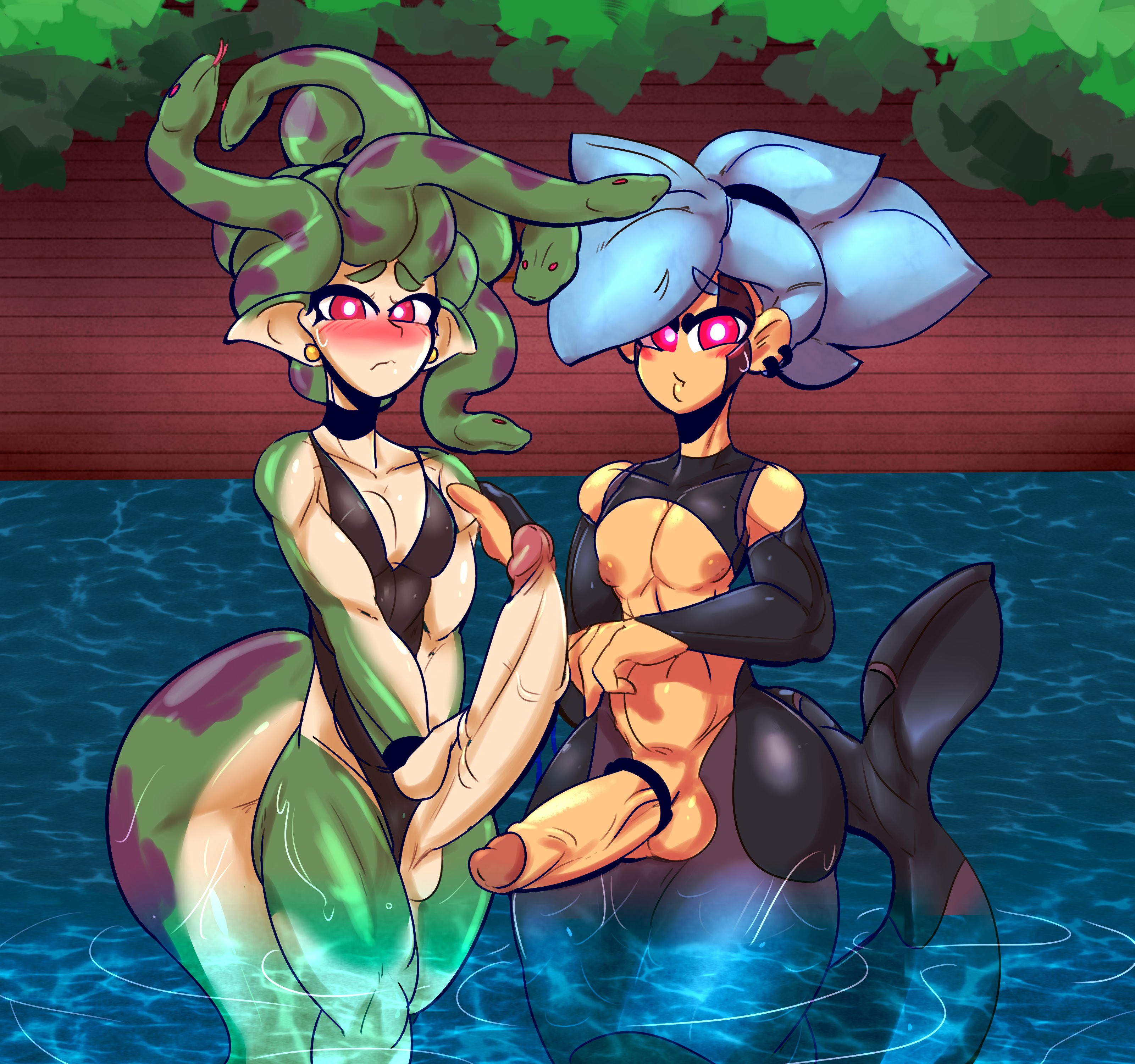 2boys, androgynous, ass, blue skin, blush, cock ring, erection, femboy, gay, gorgon, green skin, huge ass, huge cock, hung trap, looking at viewer, male, male only, merfolk, merman, original character, penis, ray54612277, river, veiny penis, yaoi, yung (gomibin art)