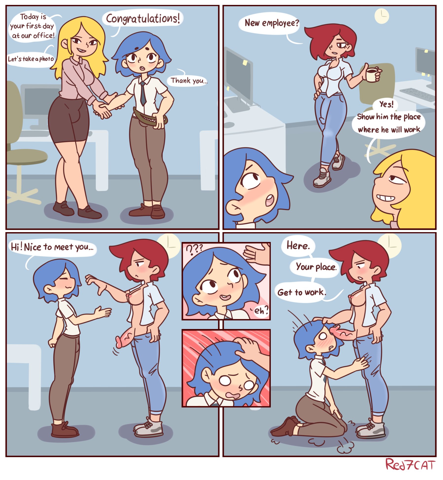 1boy, 2futas, ass, big ass, big breasts, big penis, blonde hair, blue hair, blush, breasts, closed eyes, clothed, clothed female, clothed male, clothed male nude female, clothes, clothing, comic, dialogue, embarrassed, english text, erection, erection under clothes, female, femboy, forced, futa on male, futa with male, futadom, futanari, hand on hip, head grab, hourglass figure, imminent oral, imminent rape, imminent sex, intersex, kneeling, looking at another, male, malesub, naughty face, no bra, no panties, office, oral, oral sex, pants down, penis, public, public nudity, public sex, rape, red hair, red7cat, rough sex, skirt, smile, surprised, text, thick thighs, undressing, unprofessional behavior