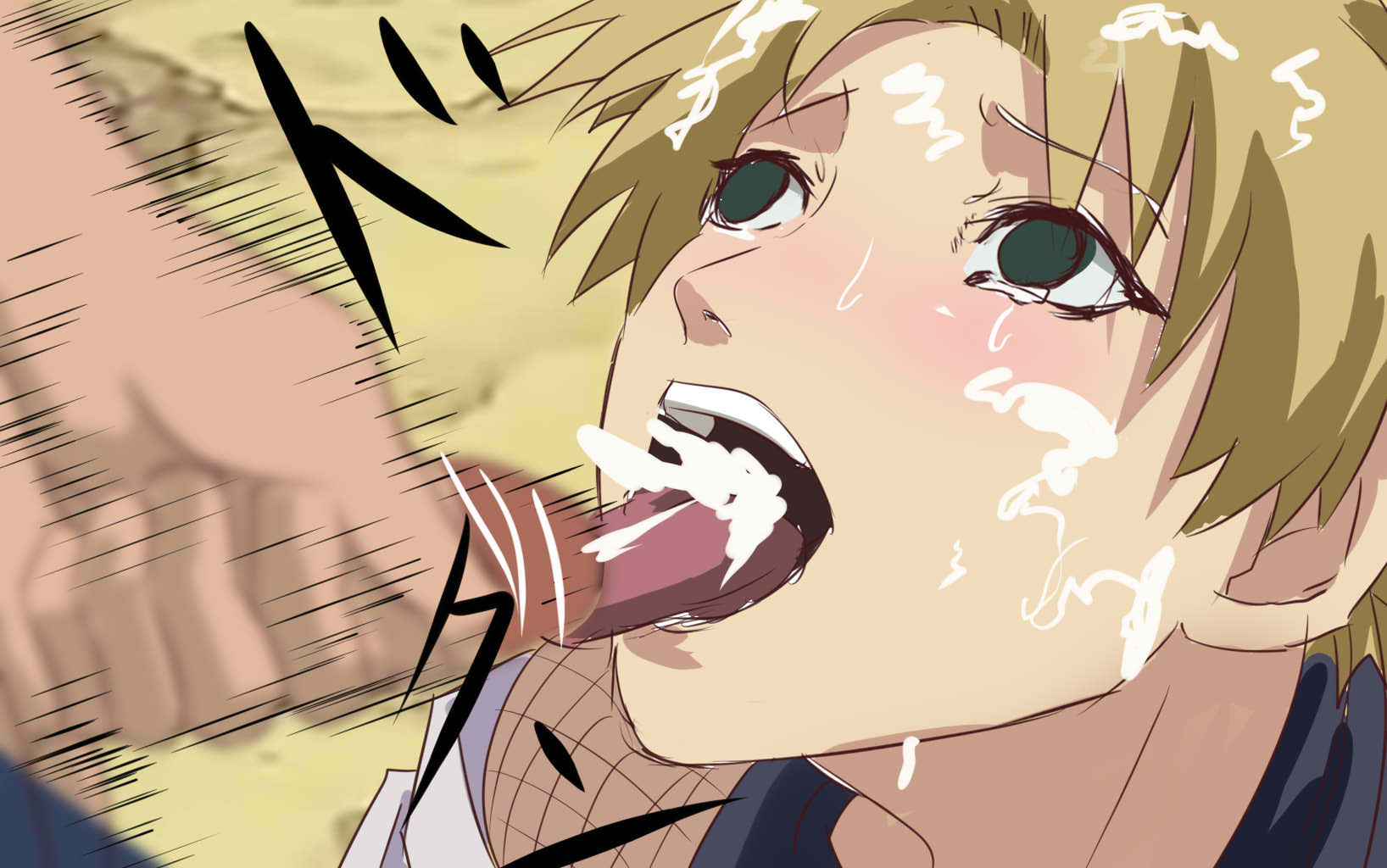 1boy 1girls blonde_hair blush cum cum_in_mouth cum_on_face cum_on_hair cum_on_tongue cumshot ejaculation erection female green_eyes hand_on_penis male masturbation naruto naruto_(series) nier_(artist) open_mouth pants_down partial_male penis_out small_penis speed_lines tears temari tongue tongue_out