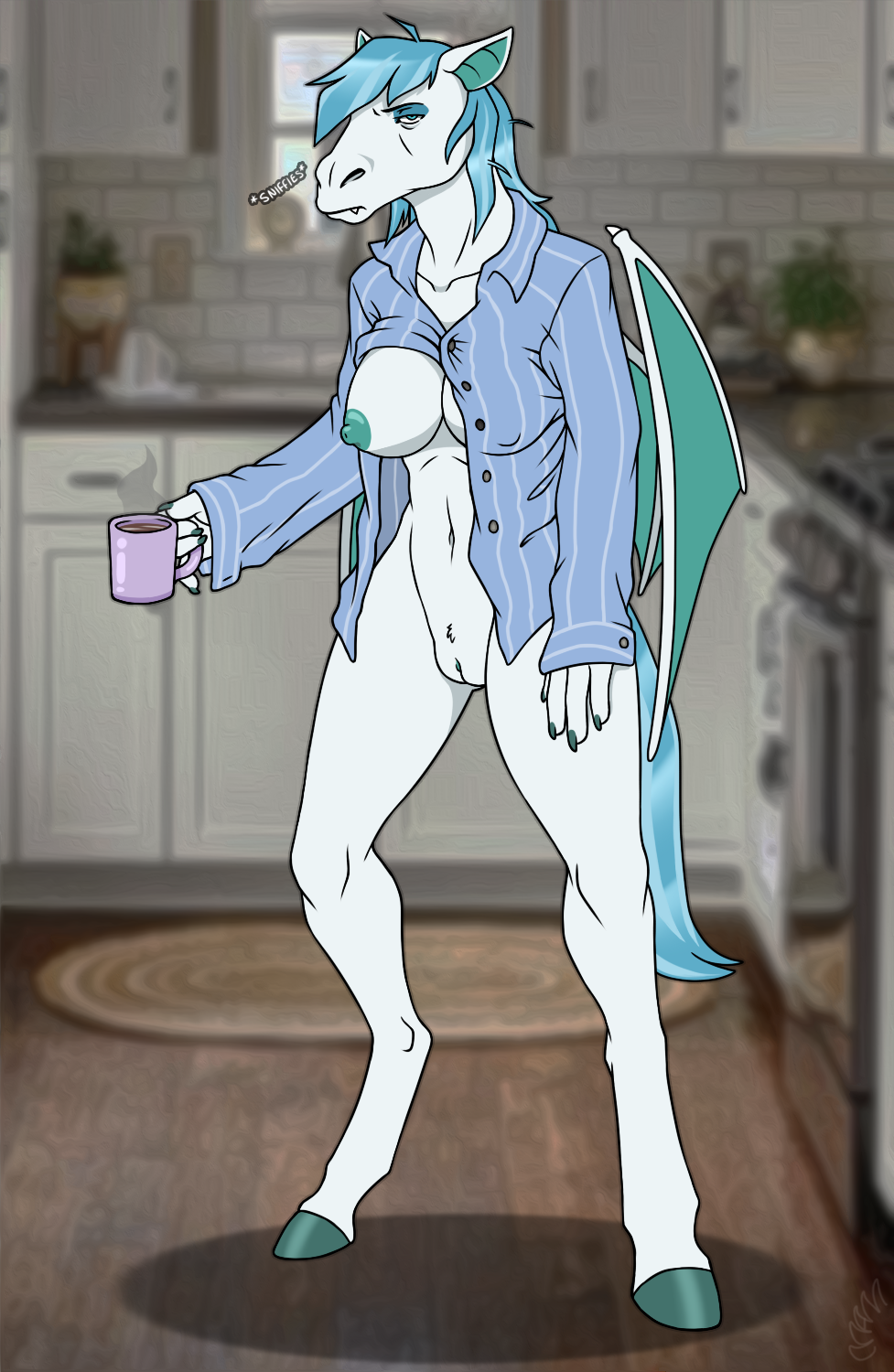 annoyed anthro beverage big_breasts breasts chiropteran clothing coffee coffee_mug cup equid equine female fur furniture genitals hair hi_res holding_cup holding_object hooves horse hybrid looking_at_viewer maddworld mammal membrane_(anatomy) membranous_wings nipples nude pajama_shirt pajamas pussy solo text tired topwear wardrobe_malfunction wings