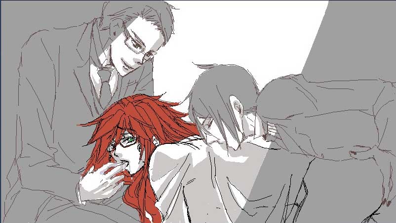 3boys gay glasses grell_sutcliff kuroshitsuji male_only sebastian_michaelis tagme threesome william_t_spears yaoi