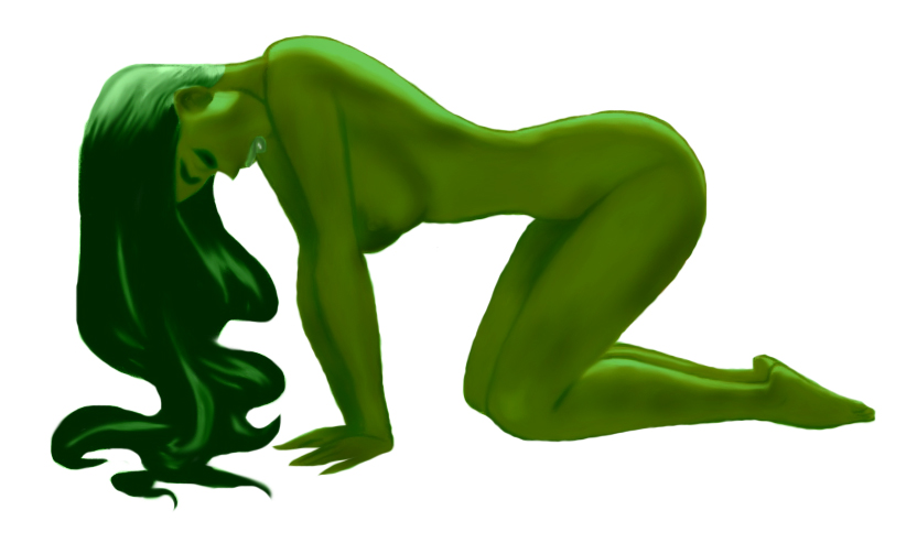 1girls all_fours avengers breasts bruce_timm female female_only green_hair green_skin hulk_(series) marvel marvel_comics nude pinup_pose she-hulk side_view sideboob solo