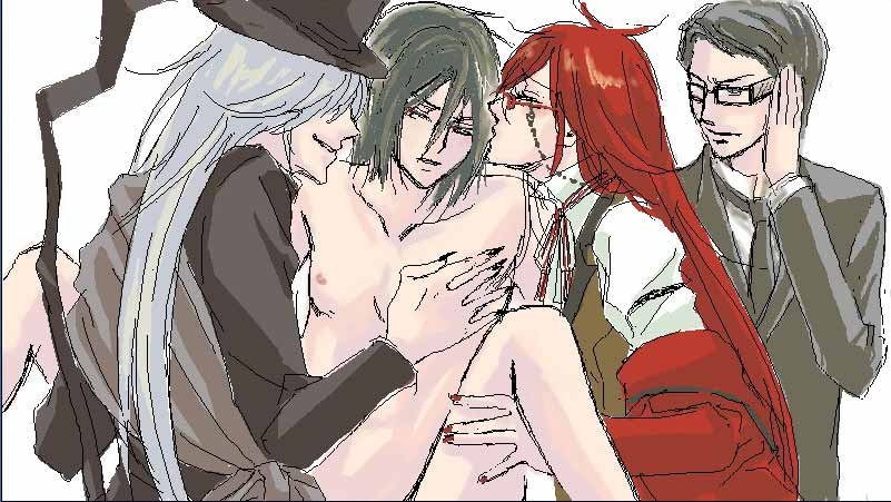 4boys black_hair clothed_on_nude foursome gay glasses grell_sutcliff kuroshitsuji male male_only multiple_boys nude red_hair sebastian_michaelis suit undertaker_(kuroshitsuji) white_hair william_t_spear yaoi