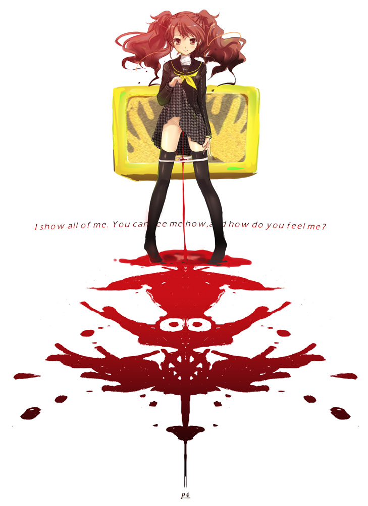 1girls blood clothing engrish female kouguchi_moto kujikawa_rise legs megami_tensei menophilia menstruation panties panty_pull period_blood persona persona_4 red_hair school_uniform skirt skirt_lift thighhighs twintails underwear