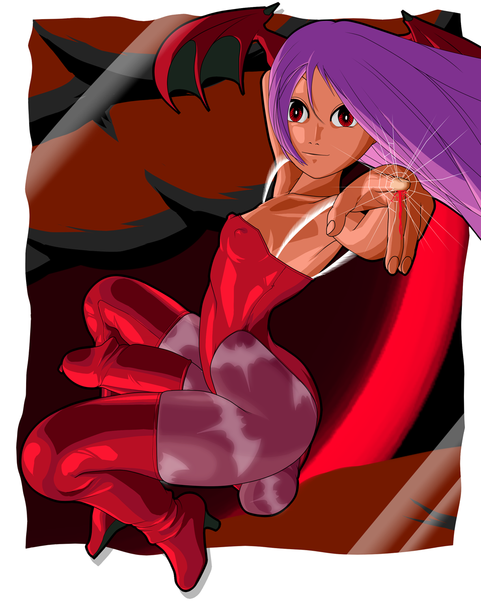 a- blood capcom clothing cock_sock darkstalkers erect_nipples erect_nipples_under_clothes flat_chest flat_chested futanari glans glass high_heels huge_balls huge_cock intersex leggings lilith_aensland looking_at_viewer nipples_visible_through_clothing patterned_legwear pointing purple_hair red_eyes sidesack skin_tight small_breasts smile succubus tan_skin thighhigh_boots vampire_savior