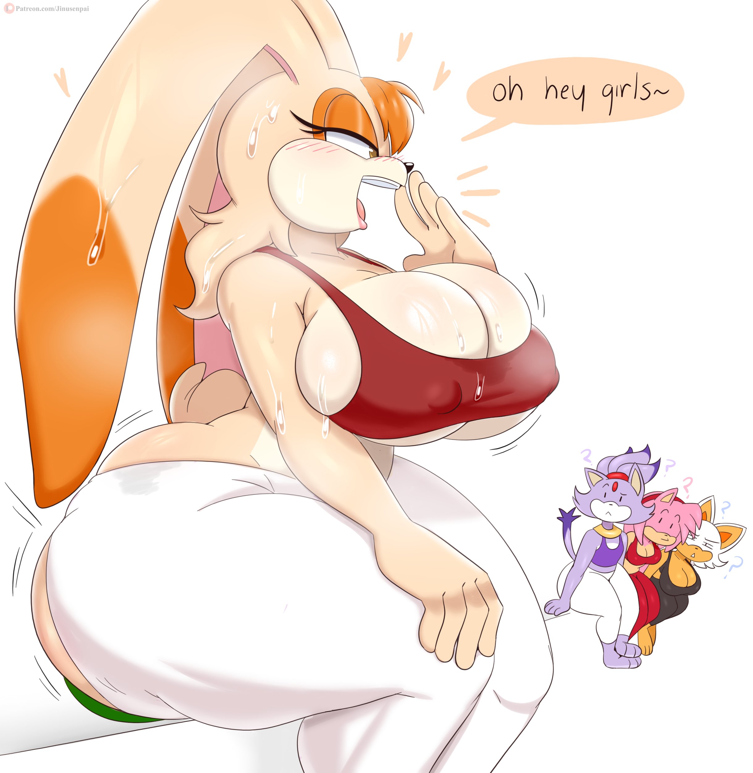 ?, 2020, 4girls, amy rose, anal, anal insertion, anal masturbation, anal penetration, anthro, ass, big breasts, blaze the cat, blush, breasts, brown eyes, cleavage, dialogue, dildo, dildo in ass, female, fur, furry, hairband, huge breasts, jinu, large breasts, masturbation, multiple females, multiple girls, necklace, open mouth, orange fur, pink fur, purple fur, rouge the bat, sega, side view, sonic (series), sonic the hedgehog (series), speech bubble, sports bra, sweat, tan fur, text, thick thighs, vanilla the rabbit, white background, white fur, wide hips, yoga pants