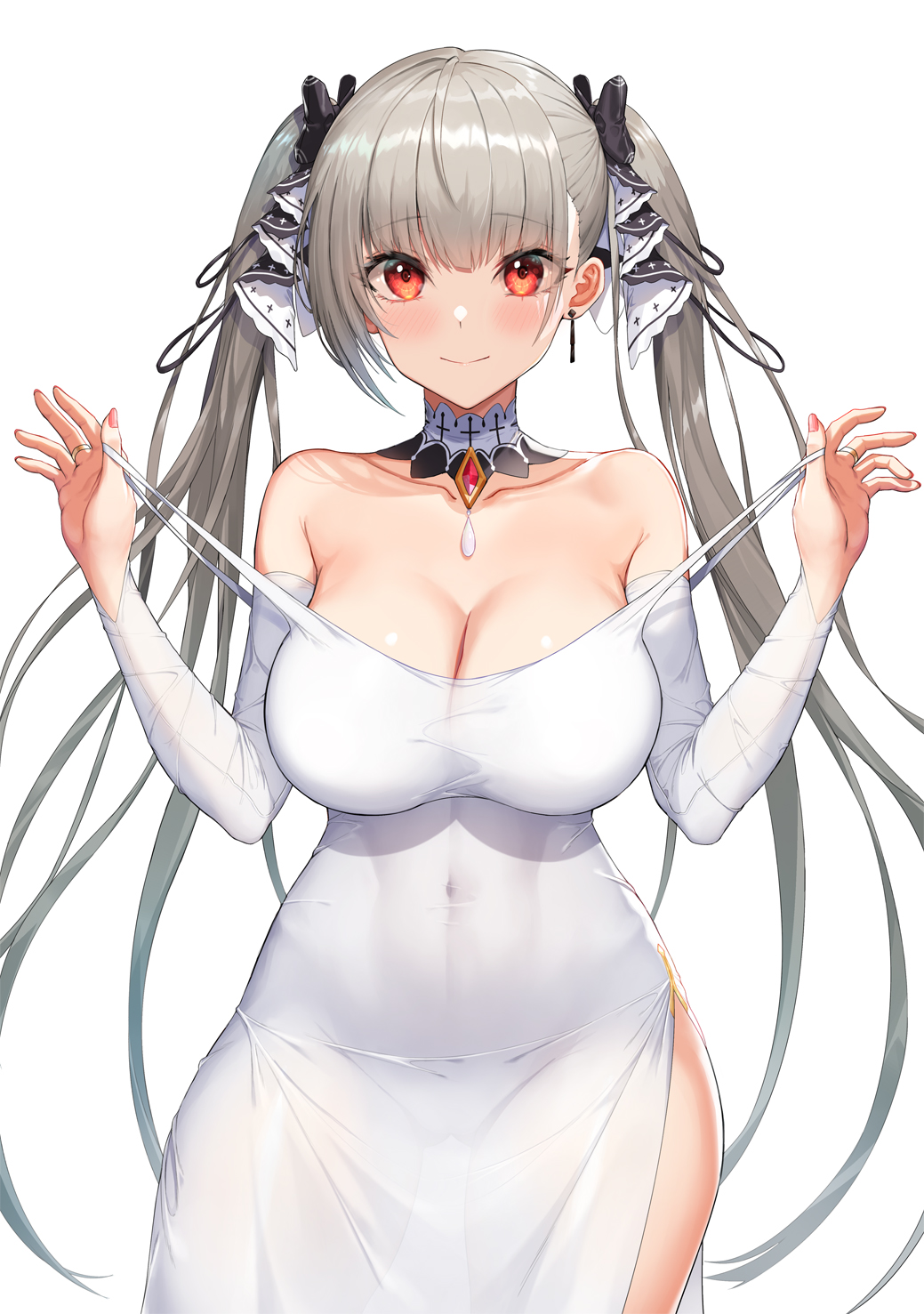 1girls azur_lane bangs bare_shoulders black_bow black_ribbon blush bow breasts cleavage closed_mouth clothes_pull collarbone covered_navel cowboy_shot detached_collar detached_sleeves dress dress_pull earrings formidable_(azur_lane) greem_bang grey_hair hair_ribbon hi_res highres jewelry large_breasts light-skinned_female long_hair looking_at_viewer nail_polish pale-skinned_female pulled_by_self red_eyes ribbon see-through see-through_silhouette side_slit simple_background single_earring skin_tight skindentation smile solo solo_female standing strap_lift twintails two-tone_ribbon very_long_hair white_background white_dress white_ribbon white_sleeves