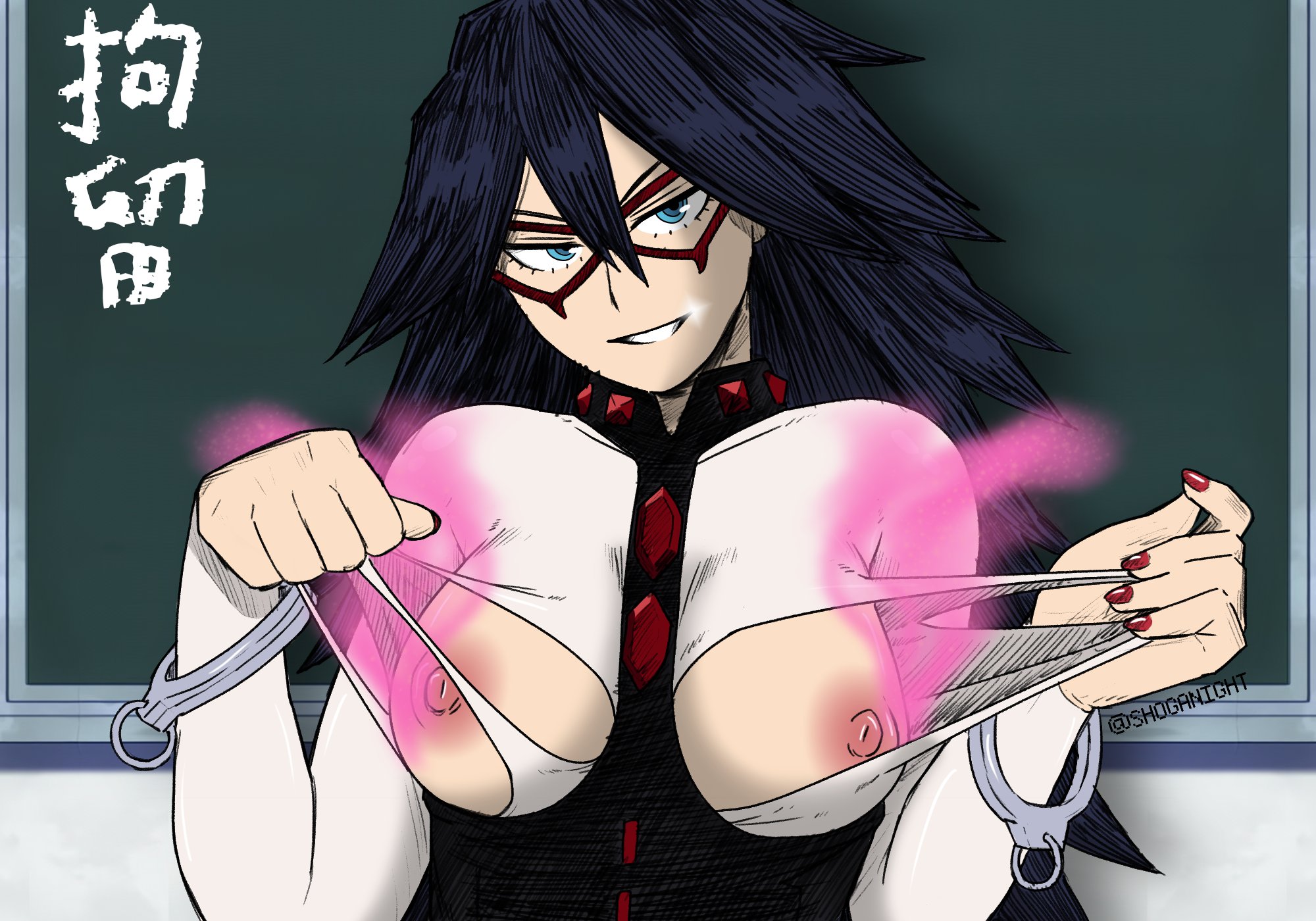 1girls, areolae, big breasts, bimbo, black hair, black-haired female, blue eyes, bodysuit, breasts, breasts out, busty, clothing, color, colored, edit, erect nipples, female, female focus, female only, handcuffs, hero outfit (mha), hourglass figure, huge breasts, large breasts, long hair, looking at viewer, mask, midnight (my hero academia), my hero academia, nail polish, nemuri kayama, nipples, overflowing breasts, pose, posing, quirk (mha), ripped bodysuit, ripped clothing, risenhentaidemon, shoganight, skin tight, solo, spiky hair, superheroine, torn bodysuit