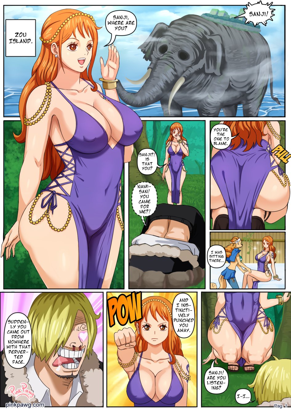 1boy, 2girls, arm tattoo, big breasts, blonde hair, blonde-haired male, blue tattoo, breasts, dress, elephant, female, female focus, long hair, male, mink tribe, minkmen (one piece), nami (one piece), nami (one piece) (zou), one piece, one piece: zou arc, orange hair, orange-haired female, pinkpawg, post-timeskip, purple dress, tattoo, tattoo on arm, tattooed arm, vinsmoke sanji, wanda (one piece), zunesha