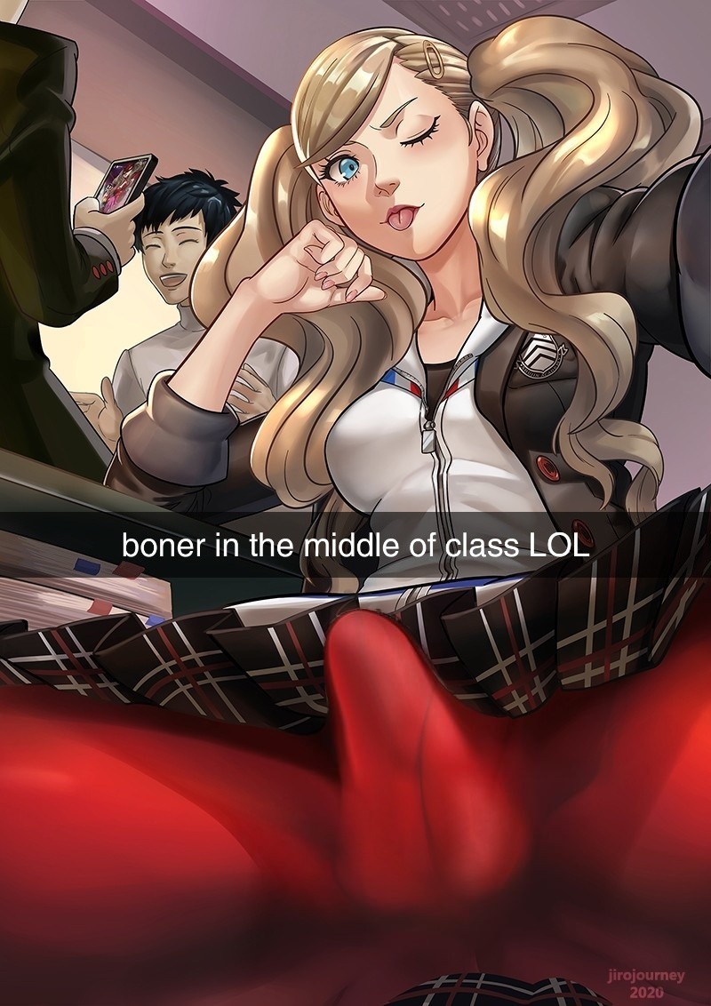 ann_takamaki atlus big_breasts bulge chunk_(editor) crotch_seam edit edited female futanari jiro-knightraider persona persona_5 short_hair snapchat straight text tongue_out yuuki_mishima