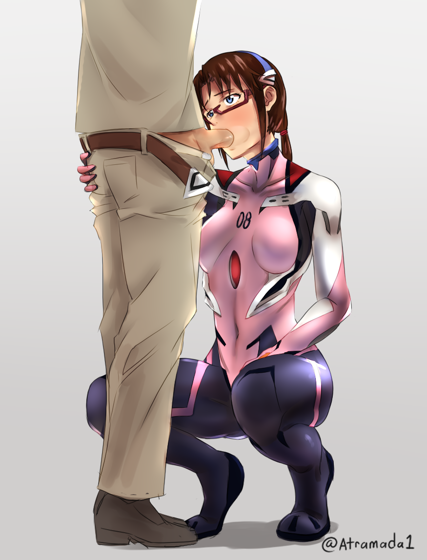 1boy 1girls atramada1 blowjob blue_eyes bodysuit breasts brown_hair clothed_female clothed_sex clothing dominant_female faceless_male fellatio female glasses human light-skinned_female light_skin long_hair mari_illustrious_makinami medium_breasts neon_genesis_evangelion oral pale-skinned_female pale_skin pilot_suit plugsuit rebuild_of_evangelion squatting standing unzipped_pants