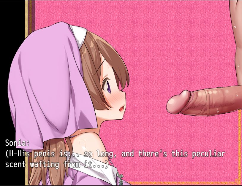 age_difference blush brown_hair cum cum_in_mouth cum_on_clothes cum_on_face cum_on_hair erection fellatio first_time nun older_male open_mouth penis pigtails princess_project sonia_(princess_project) uncensored veil younger_female