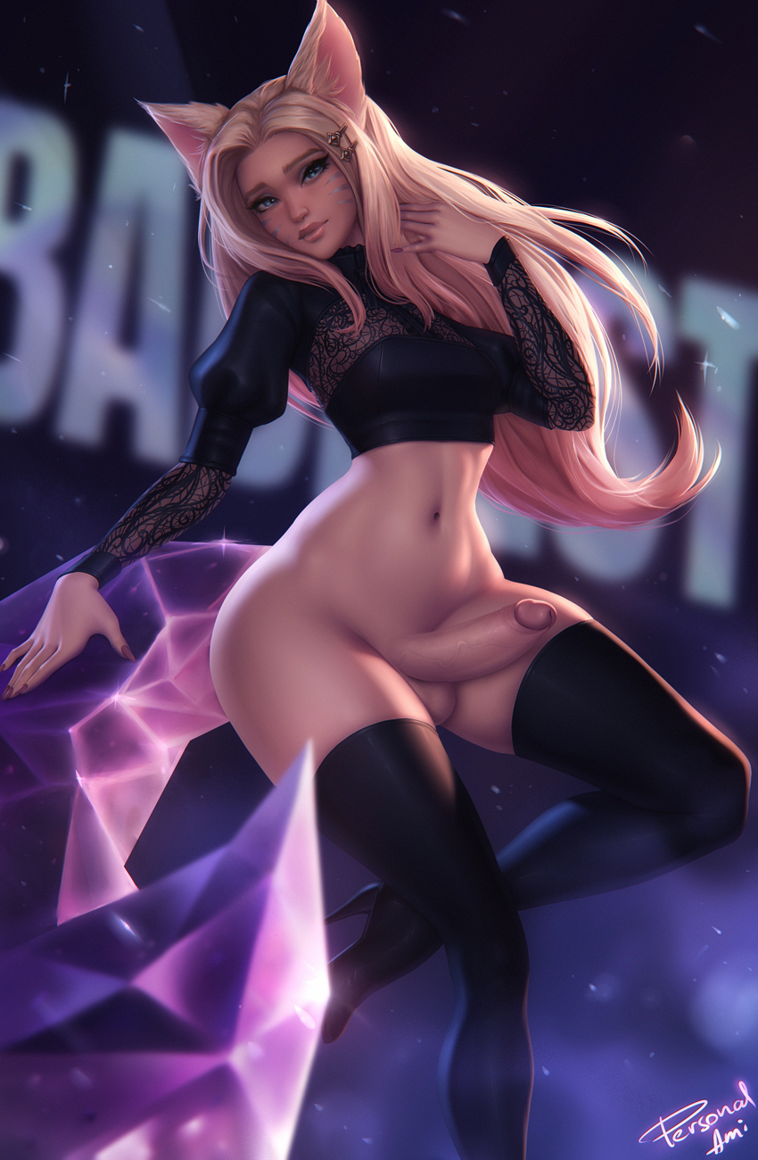 1futa, absolute territory, ahri, alternate costume, balls, black legwear, black shoes, black stockings, bottomless, breasts, clothed, clothing, erection, fox ears, futa only, futa sans pussy, futanari, high heels, intersex, k/da ahri, k/da series, kemonomimi, league of legends, looking at viewer, medium breasts, partially clothed, penis, personalami, realistic, skindentation, solo, stockings, tail, wide hips