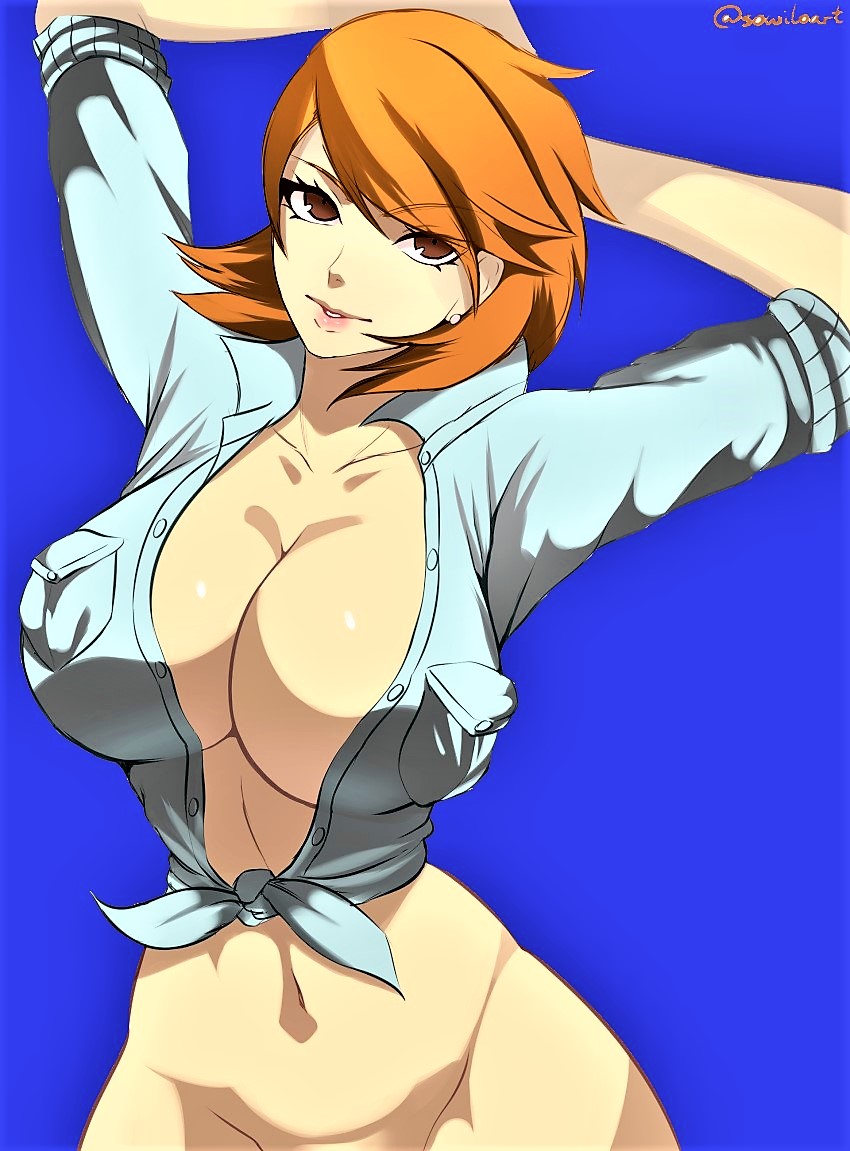 alternate_breast_size atlus big_breasts breasts cleavage edit female female_only large_breasts looking_at_viewer megami_tensei persona persona_3 solo sowilo third-party_edit yukari_takeba