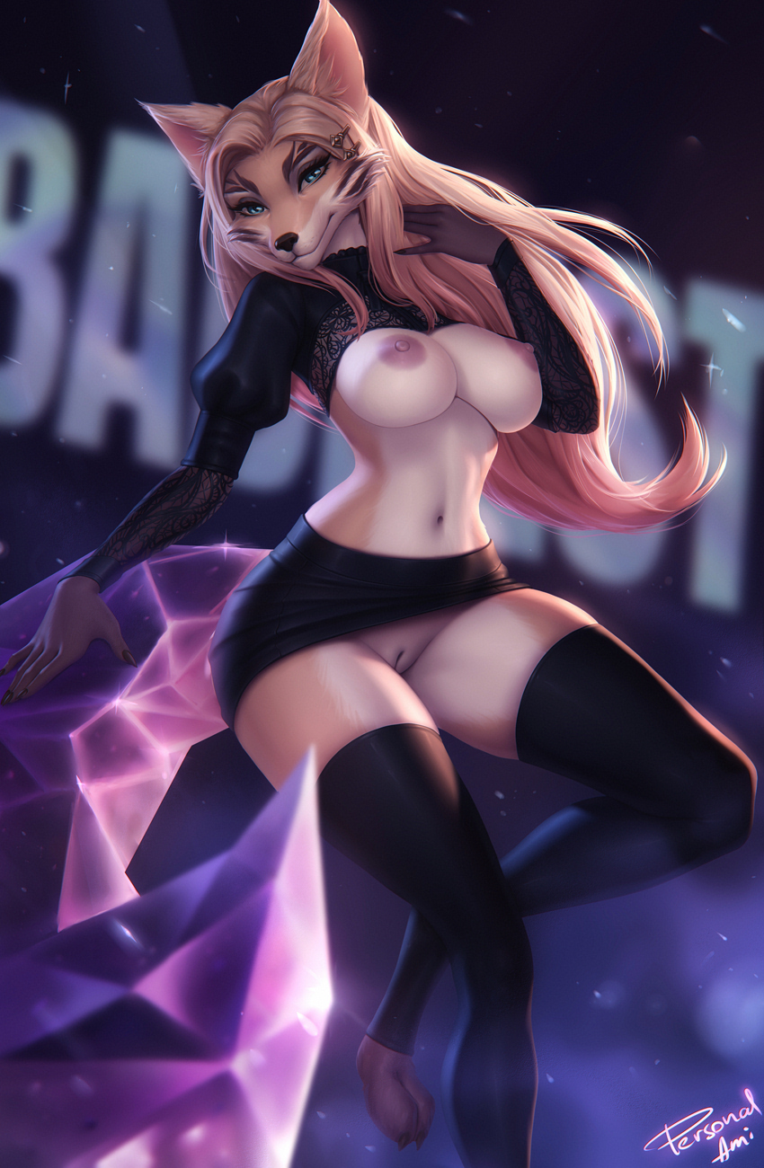 1girls, ahri, alternate costume, anthro, areolae, big breasts, breasts, female, female only, furry, k/da ahri, k/da series, large breasts, league of legends, looking at viewer, nipples, personalami, pussy, solo