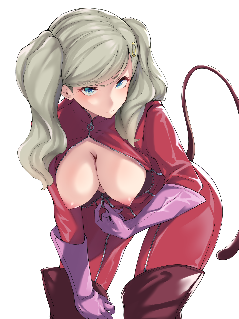 ann_takamaki black_mutou blonde_hair blush bodysuit boots breasts breasts_out cleavage clothing female gloves green_eyes highres human long_hair pale_skin persona persona_5 phantom_thief_suit pink_gloves red_bodysuit red_legwear simple_background solo tail thigh_boots thighhighs twintails unzipped white_background