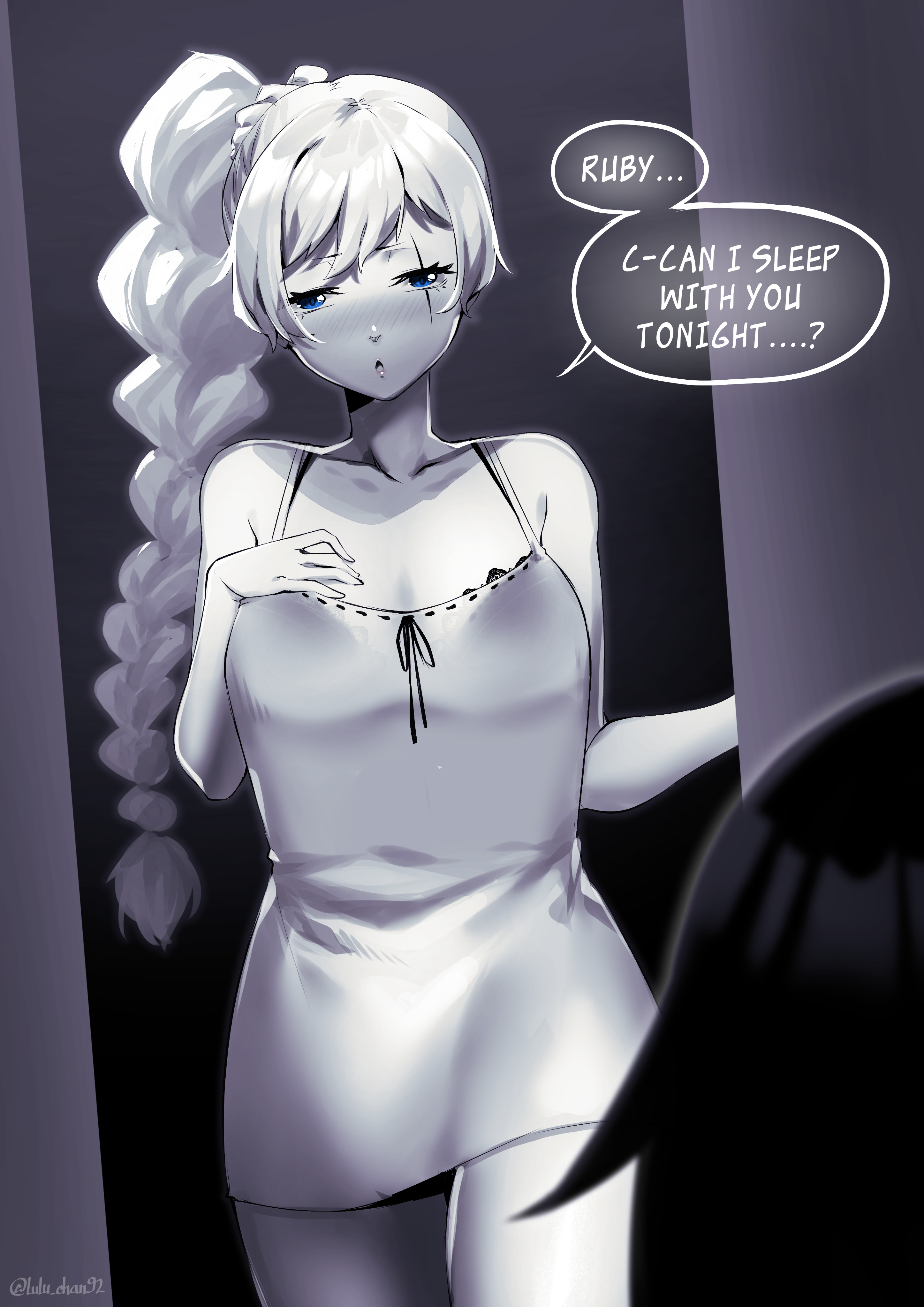 2girls, absurdres, blush, breasts, cleavage, female, female only, highres, lulu-chan92, nightgown, ruby rose, rwby, speech bubble, text, weiss schnee, wholesome