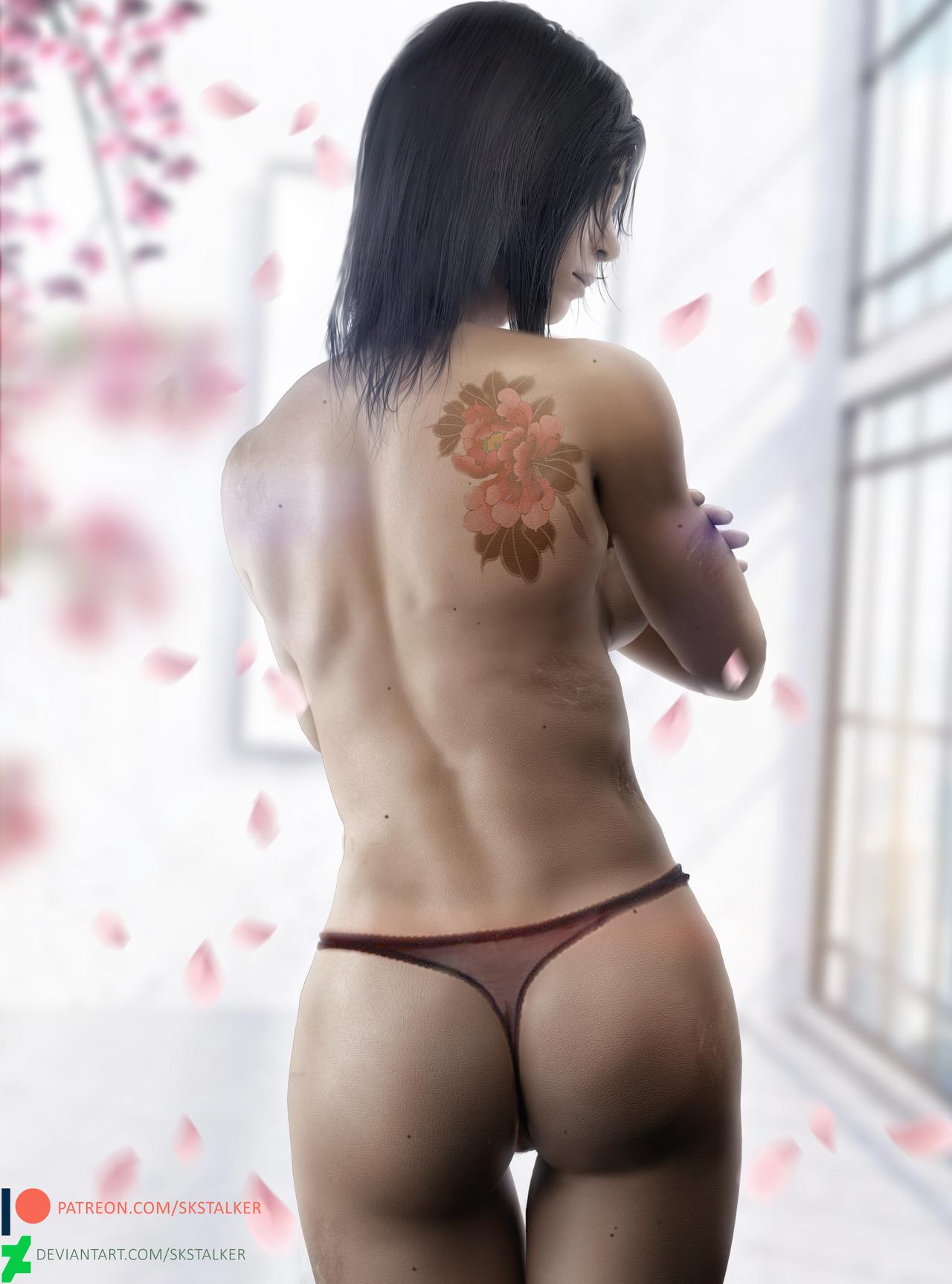 1girls, 3d, asian, asian female, ass, backboob, bare back, bare shoulders, black hair, body freckles, breasts, convenient censoring, crossed arms, female, female only, hibana (rainbow six), light skin, light-skinned female, looking back, medium hair, no bra, panties, rainbow six, rainbow six siege, rear view, red panties, scar, scars, skstalker, solo, solo female, standing, tattoo, thigh gap, thong, tom clancy, topless, white skin
