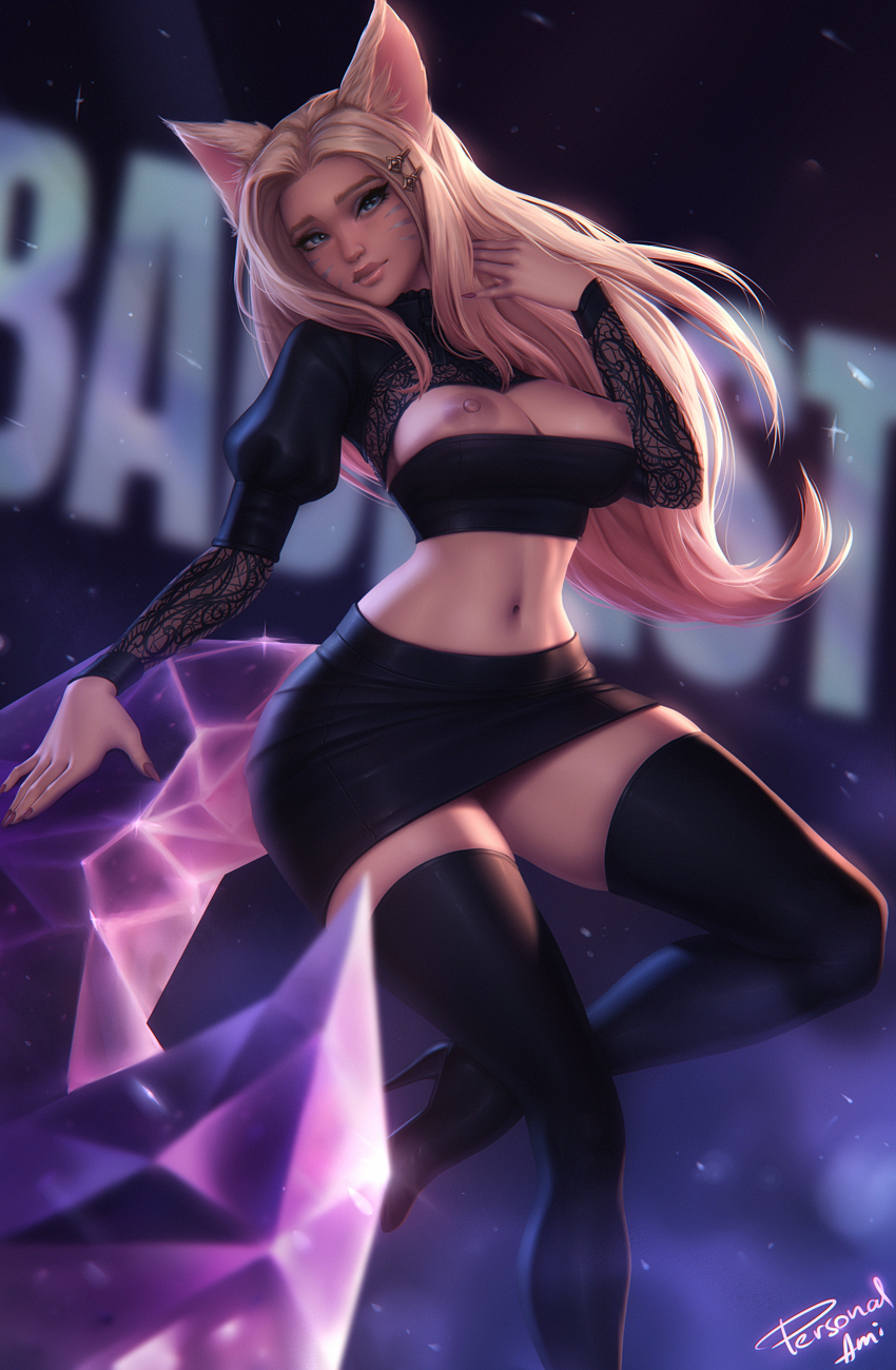 1girls, ahri, alternate costume, areolae, big breasts, breasts, female, female only, k/da ahri, k/da series, large breasts, league of legends, nipples, personalami, solo